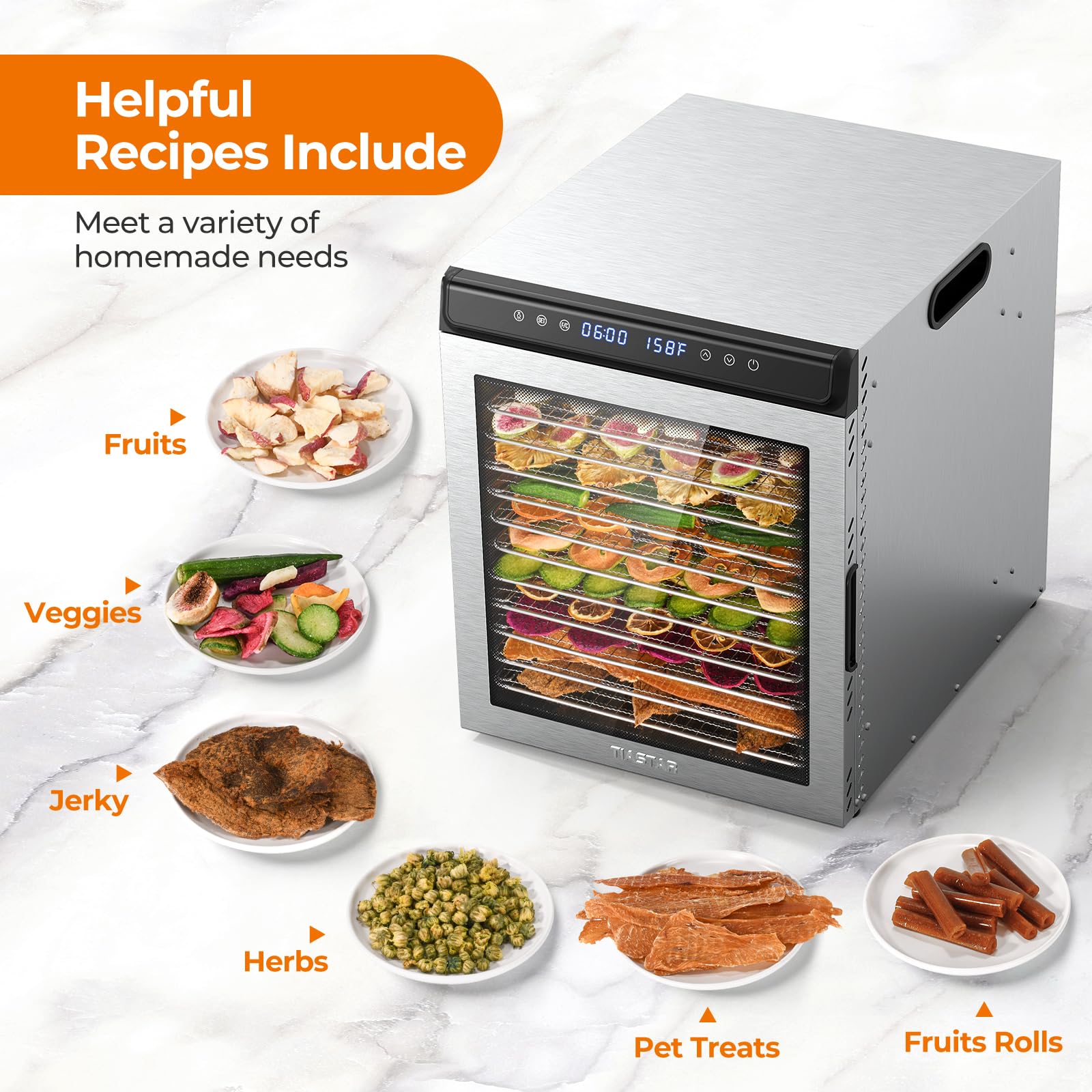 Stainless Steel Food Dehydrator Machine, 12 Trays Food Dryer, 1300W Dehydrators for Food and Jerky, 72H Timer and Temp Control, Recipes Included