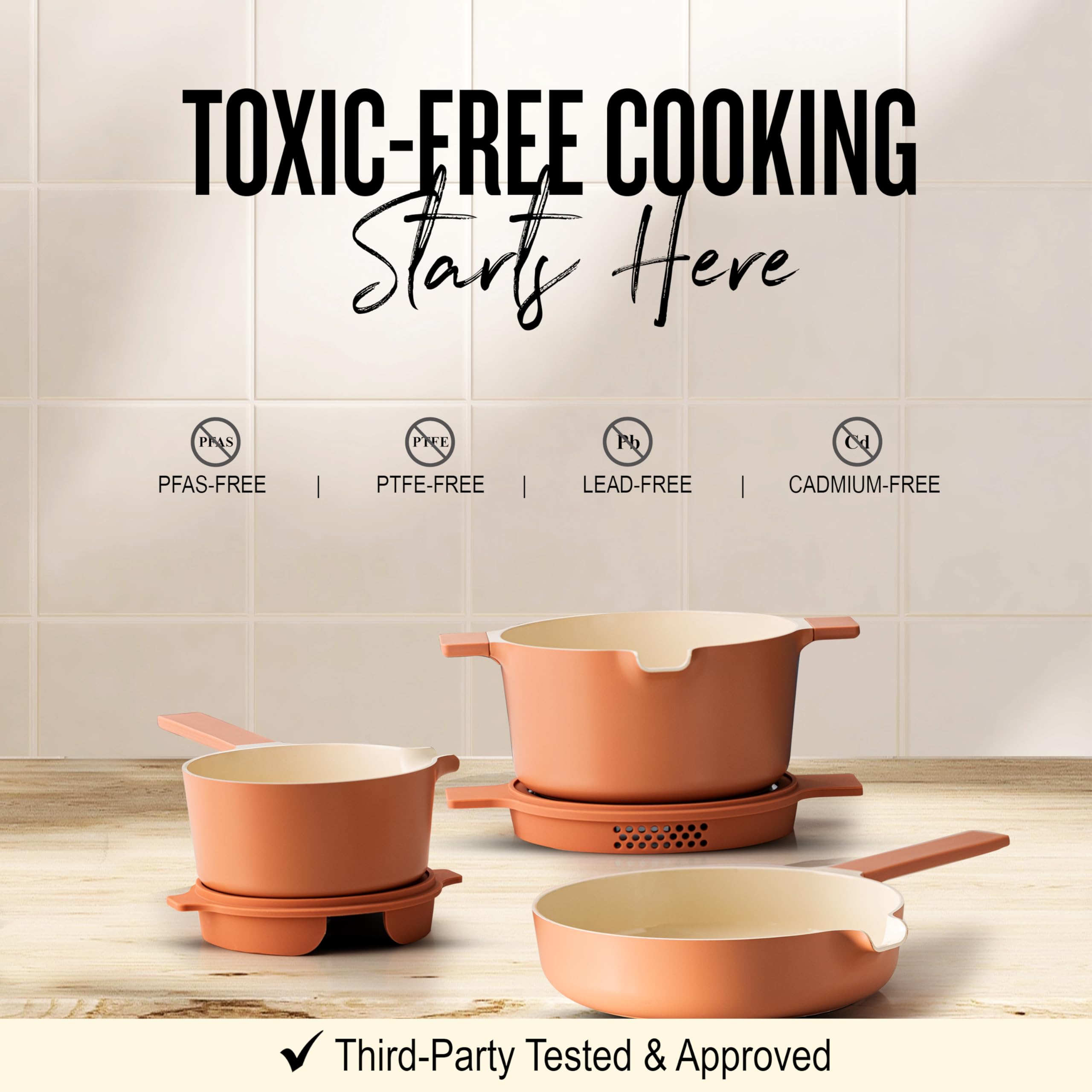 Alva Neat 5-Piece Nested Nonstick Ceramic Cookware Set - Made without PFAS, PFOA & PTFE – Induction & All Stovetop Compatible, Oven Safe, Easy to Clean – Space-Saving Design, Peach