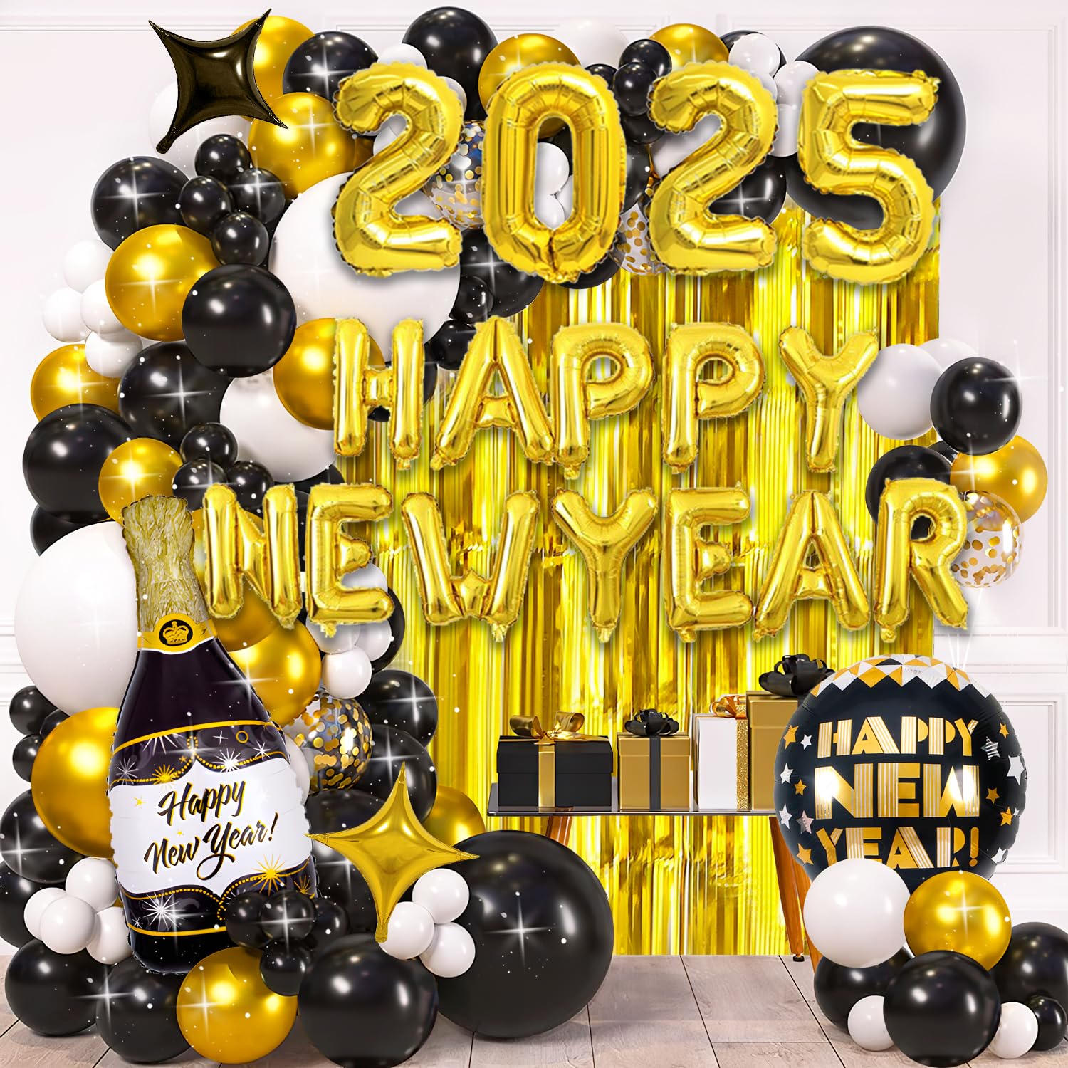 New Years Eve Party Supplies 2025, Happy New Year Decorations 2025 Balloons Party Set, New Years Decorations Supplies with 2025 Balloons, Happy New Year Banner, Fringe Curtains for NYE Carnival Decor