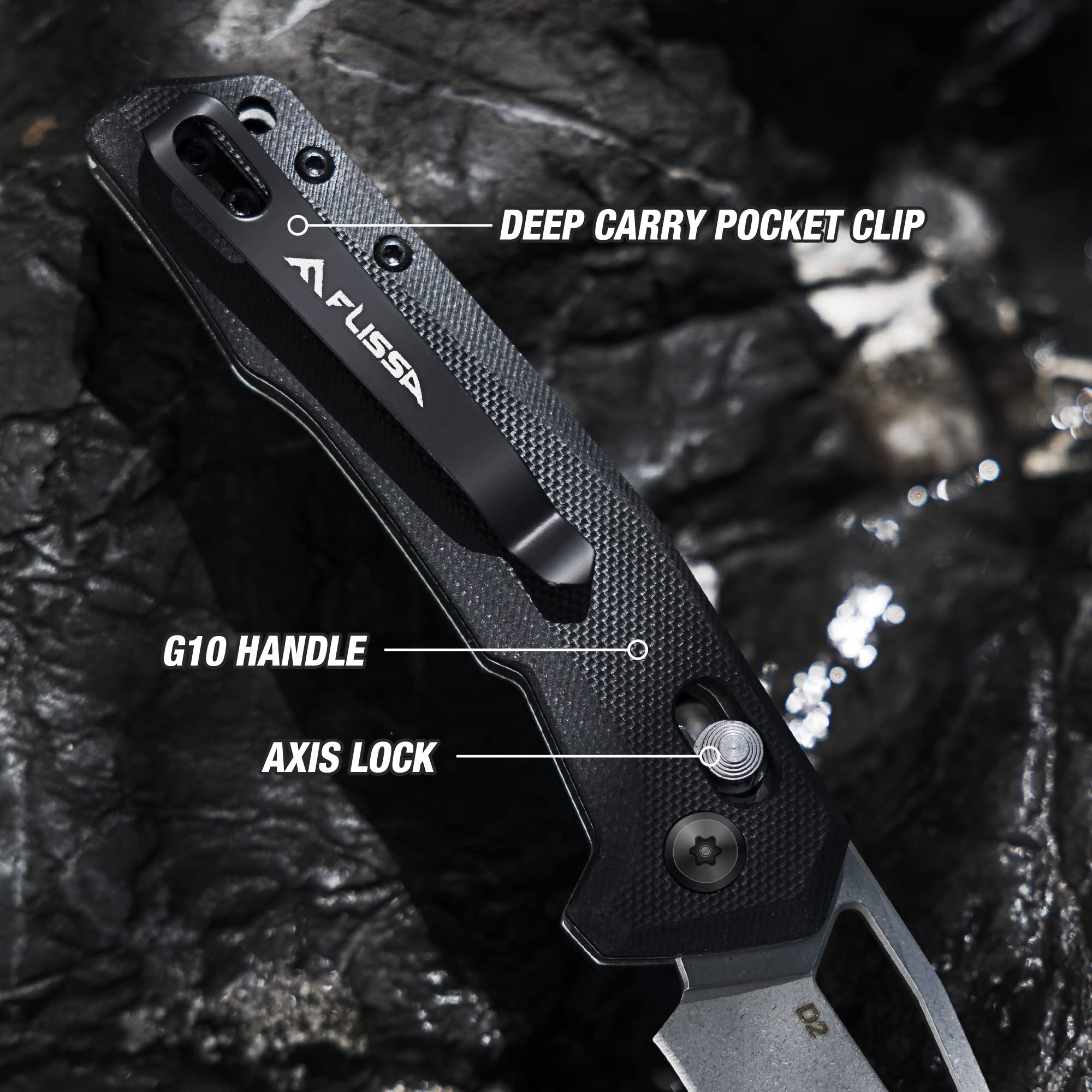 FLISSA Pocket Knife, Folding EDC Knife, 3.25 inch D2 Blade, Axis Lock, G10 Handle, for Outdoors, Hiking, Camping, Black