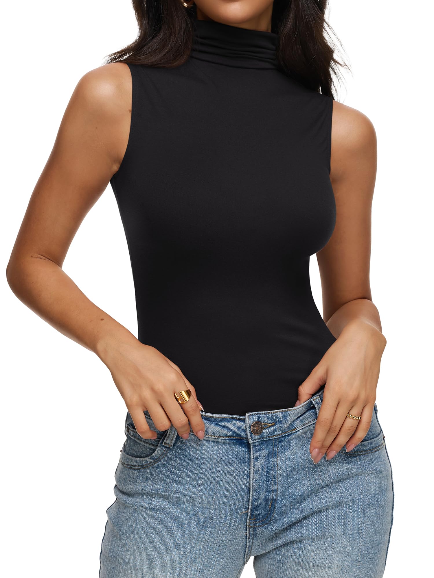 REORIA Women's Fall Sleeveless Mock Turtleneck Tank Tops Slim Fitted Shirts 2025 Offic Casual Going Out Vest Cute Clothes Black Small