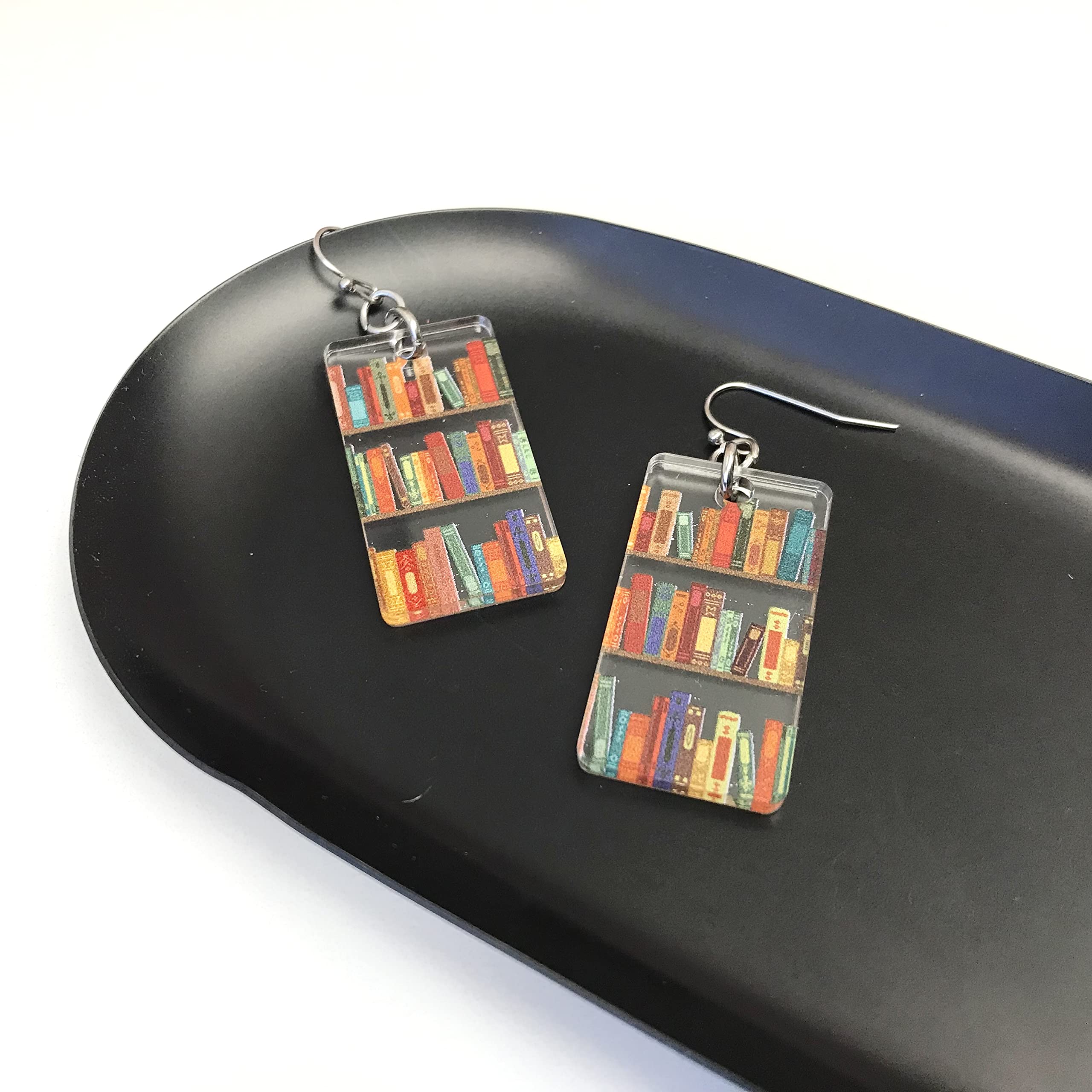 Bookcase Dangle Earrings with Book Shelves Patterned Acrylic