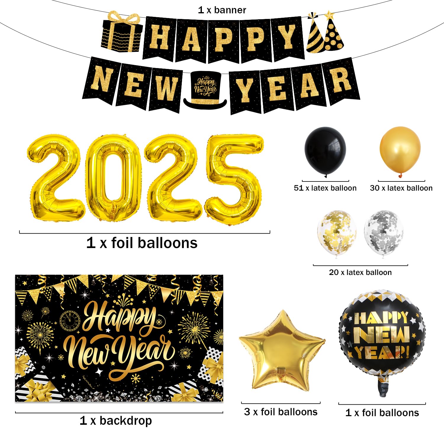 New Years Decorations 2025 Kit, Black and Gold Happy New Year Party Decor, New Years Eve Party Supplies with Balloon Arch Kit, 2025 Balloons Gold, Happy New Year Banner and New Years Backdrop