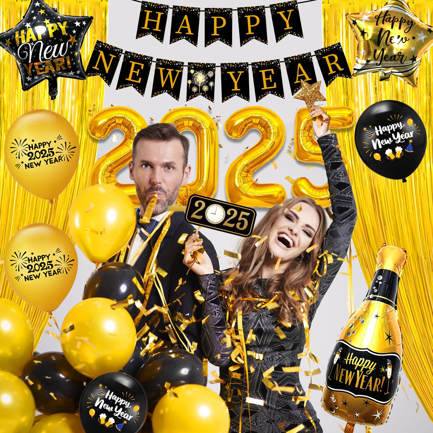 New Years Eve Party Supplies 2025,Champagne Bottle Balloons, Happy New Year Banner for Happy New Year Decorations 2025, New Years 2025 Balloons, Fringe Curtain for NYE Decorations 2025