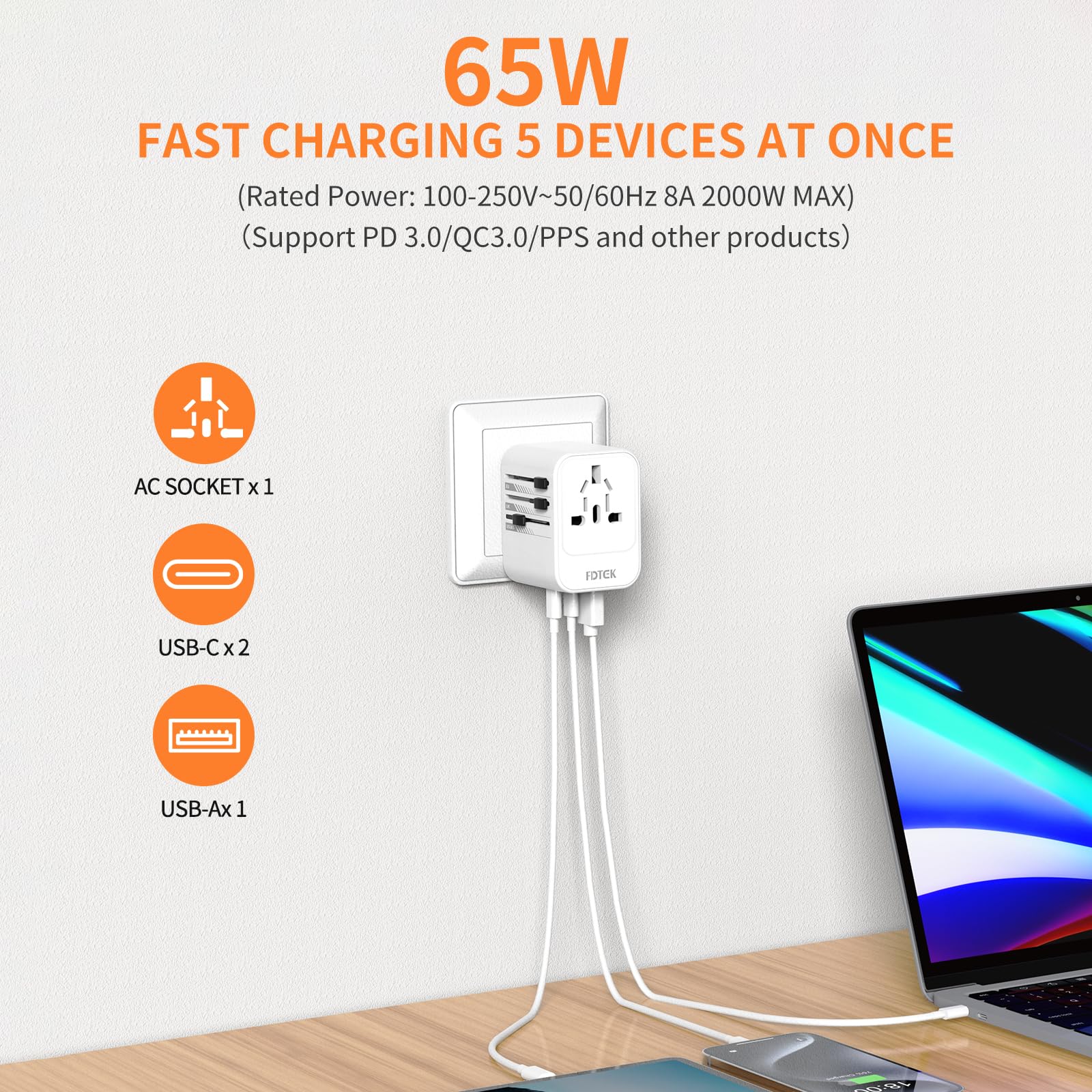 FDTEK Universal Travel Adapter, 65W International Universal Adapter European Laptop Travel Plug Adapter with 3 USB Ports (2 USB C) Worldwide Adapter for Europe UK AUS Asia Japan Covers 300+Countries