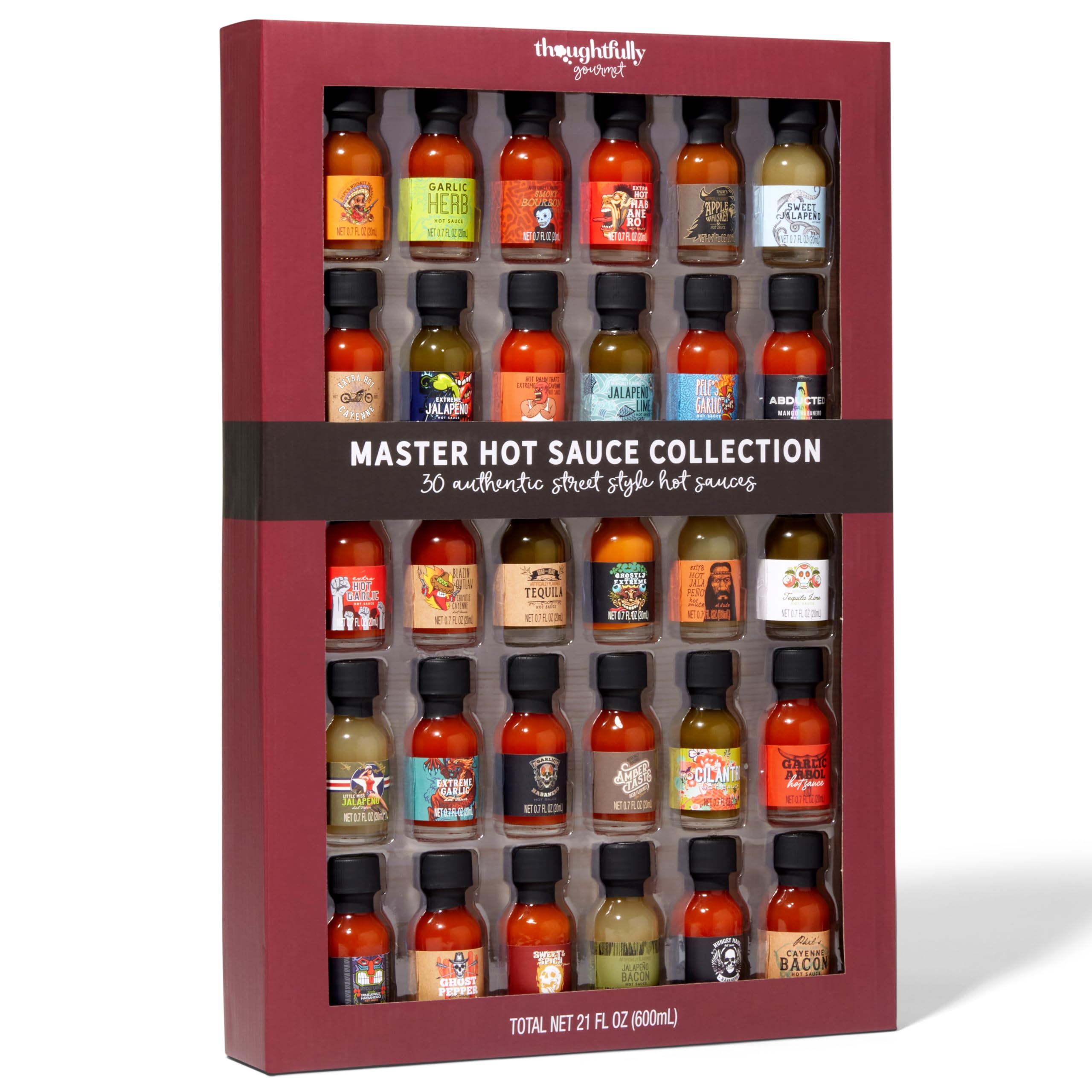 Thoughtfully Gourmet, Master Hot Sauce Collection Sampler Set, Flavors Include Garlic Herb, Apple Whiskey and More, Hot Sauce Gift Set of 30