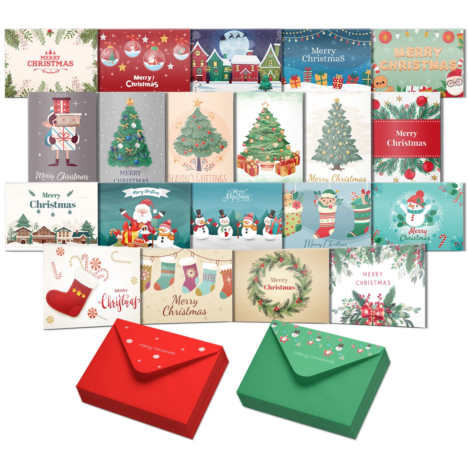 Christmas Cards Boxed Bulk, Merry Christmas Greeting Cards with Envelopes 20 Colorful Unique Designs Happy Holiday Cards Cute Xmas Card Set for Christmas, Holiday, New Year, Xmas Gift