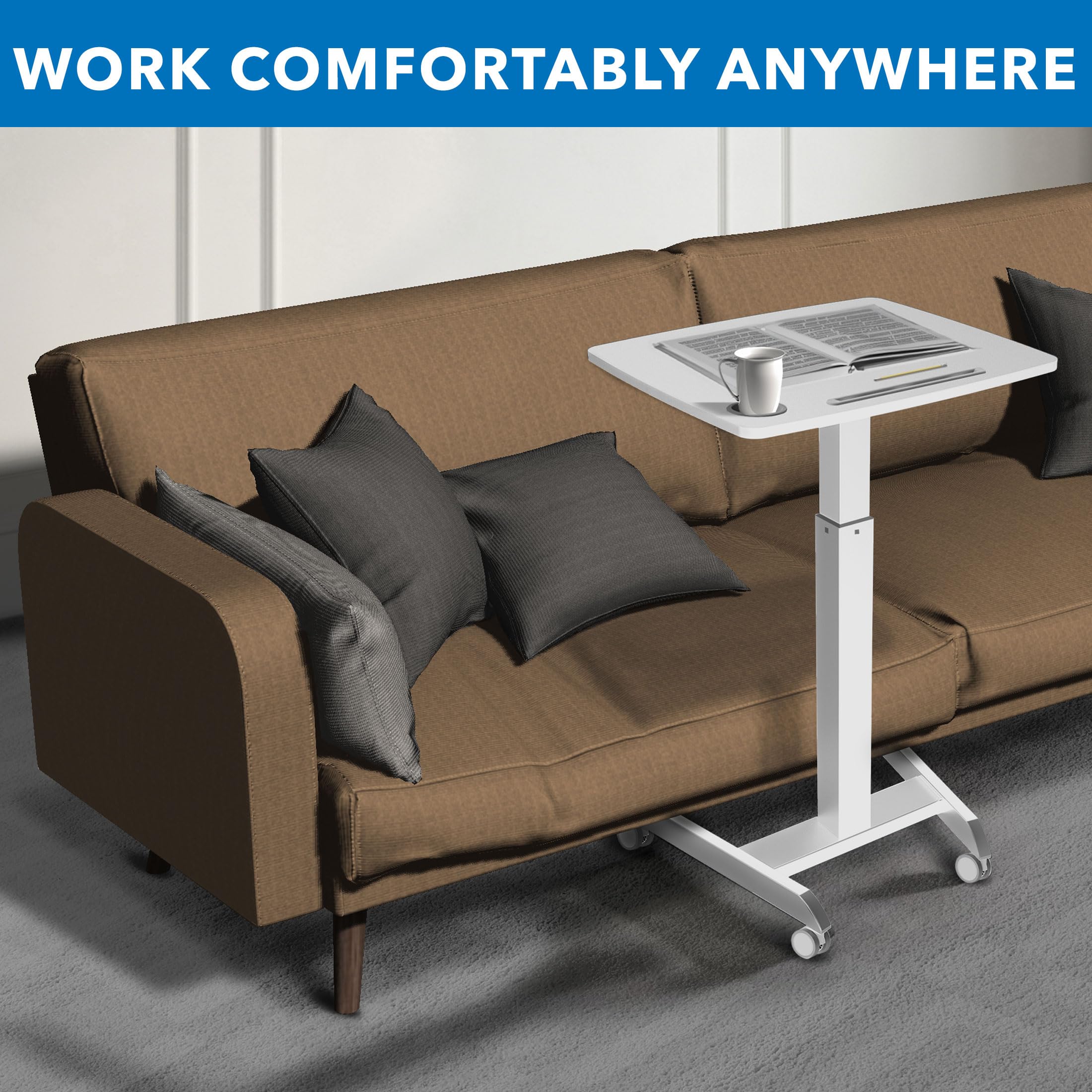 Mount-It! Mobile Laptop Desk Cart | Adjustable Rolling Laptop Stand with 28.5" x 22" Tabletop | Ergonomic Sit-Stand Workstation on Wheels | Portable Laptop Cart for Home Office in White