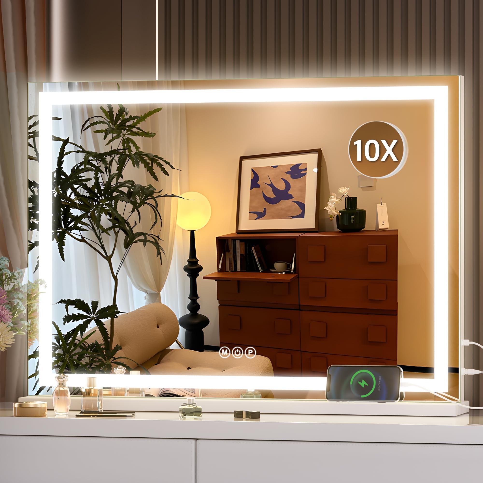 Hasipu Vanity Mirror with Lights, 28" x 20" LED Makeup Mirror, Lighted Makeup Mirror with Dimmable 3 Modes, Touch Screen Control Vanity Mirror Square White