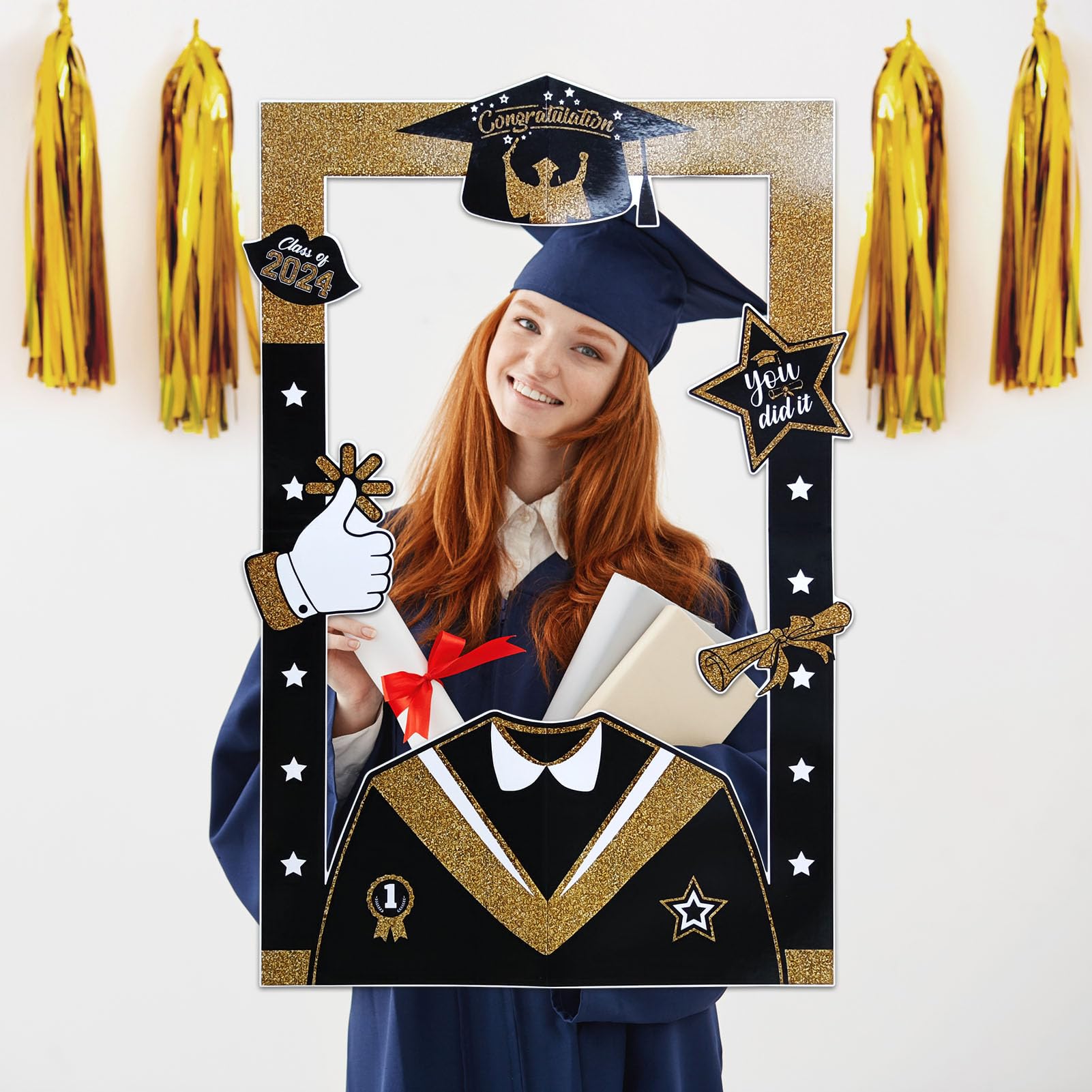 2024 Graduation Photo Props Frame Black and Gold Large Size High School College Graduation Selfie Favors Decorations Party Supplies