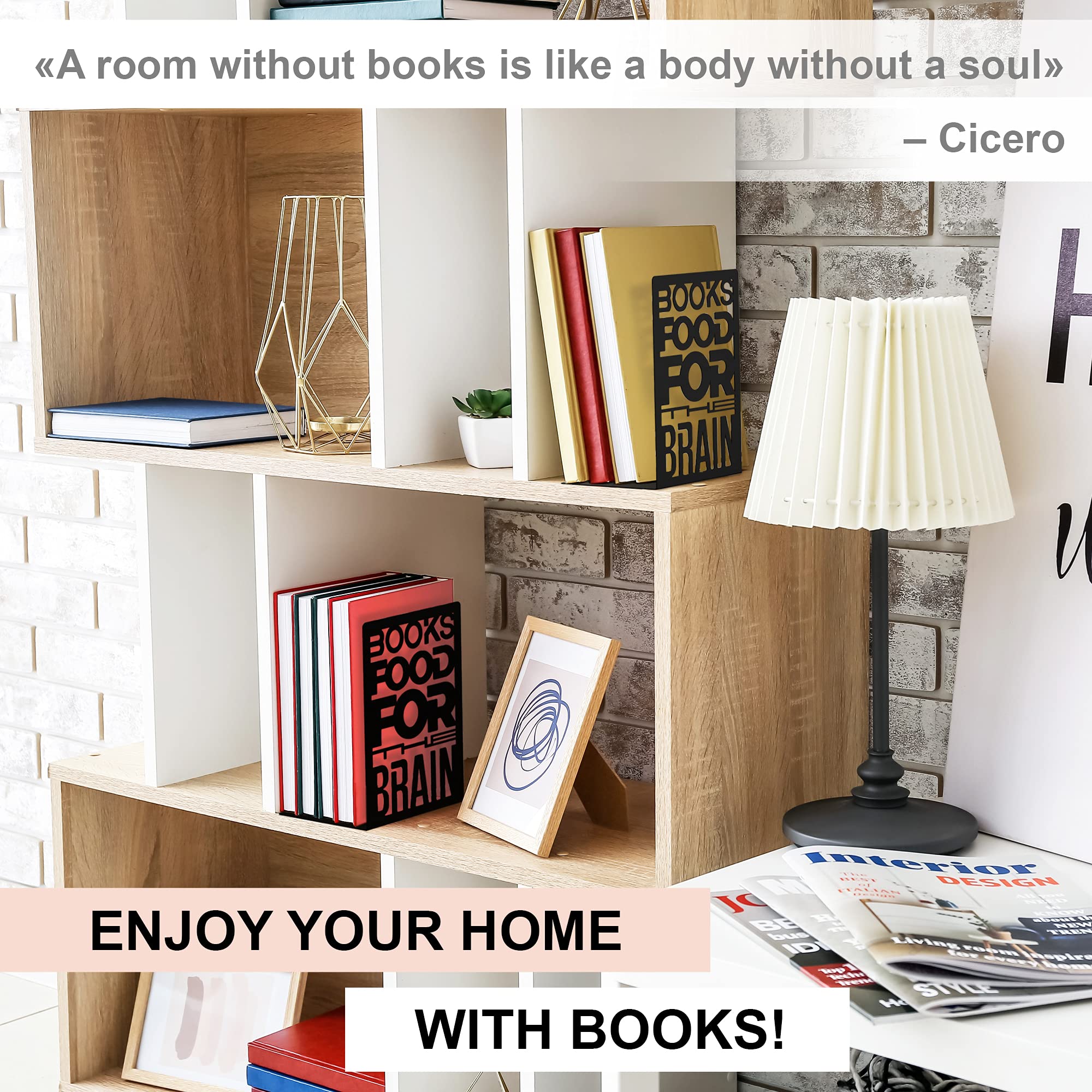 CraftyCrocodile Metal Book Ends For Shelves - Trendy Black Bookends For Heavy Books With Non-Slip Pads, Decorative Book Stoppers for Home Office School Library, 2 Piece Holder Set for Movies CDs Books