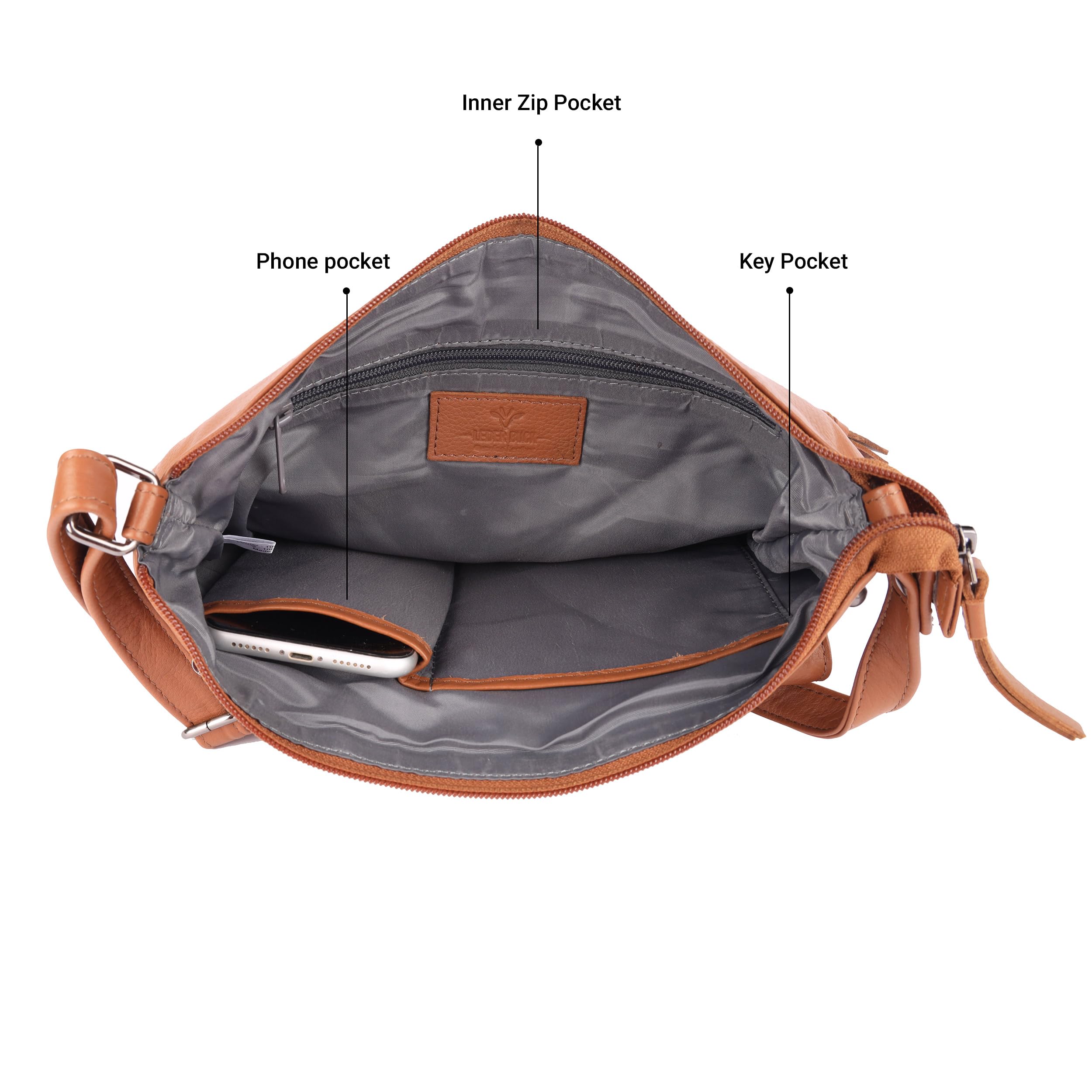 LEDERBUCK Shirley Large Soft Real Leather Crossbody handbag-Triple Zip Premium Sling Crossover Shoulder Bag for Women (Cognac)