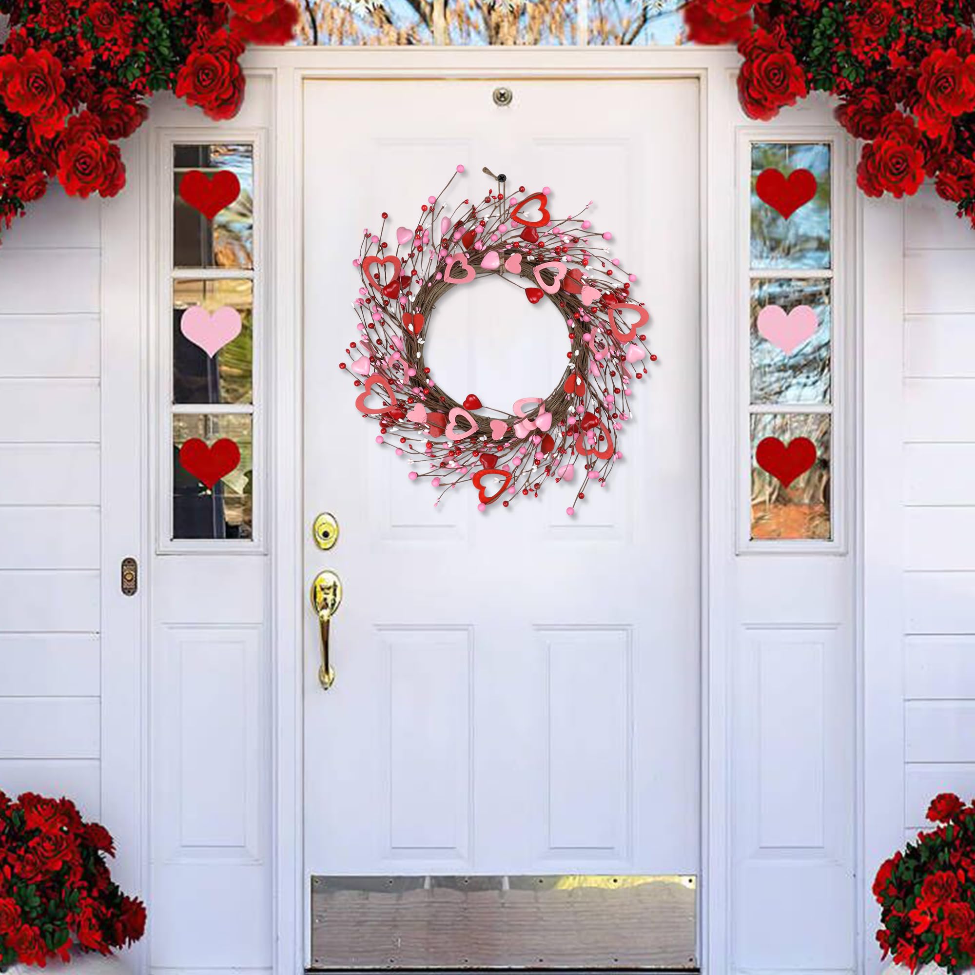 Valentine's Day Wreath, 18 Inch Artificial Valentines Day Wreaths for Front Door Farmhouse with Red Pink White Wooden Heart Berries, Valentines Day Decorations for Anniversary Wedding Indoor Outdoor