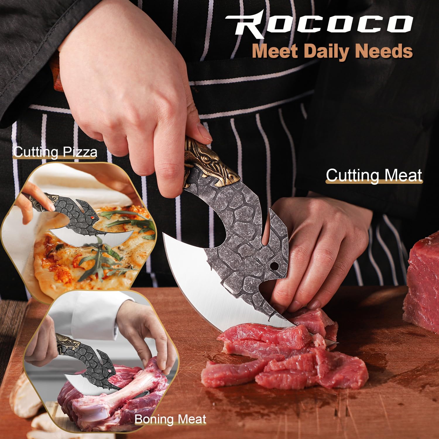 ROCOCO Viking Cleaver Knife Butcher Meat Cutting Boning Knife Hand Forged Chinese Kitchen Axe with Sheath Home Outdoor BBQ Camping Chirstmas Birthday Chirstmas Mother Father Gift Men