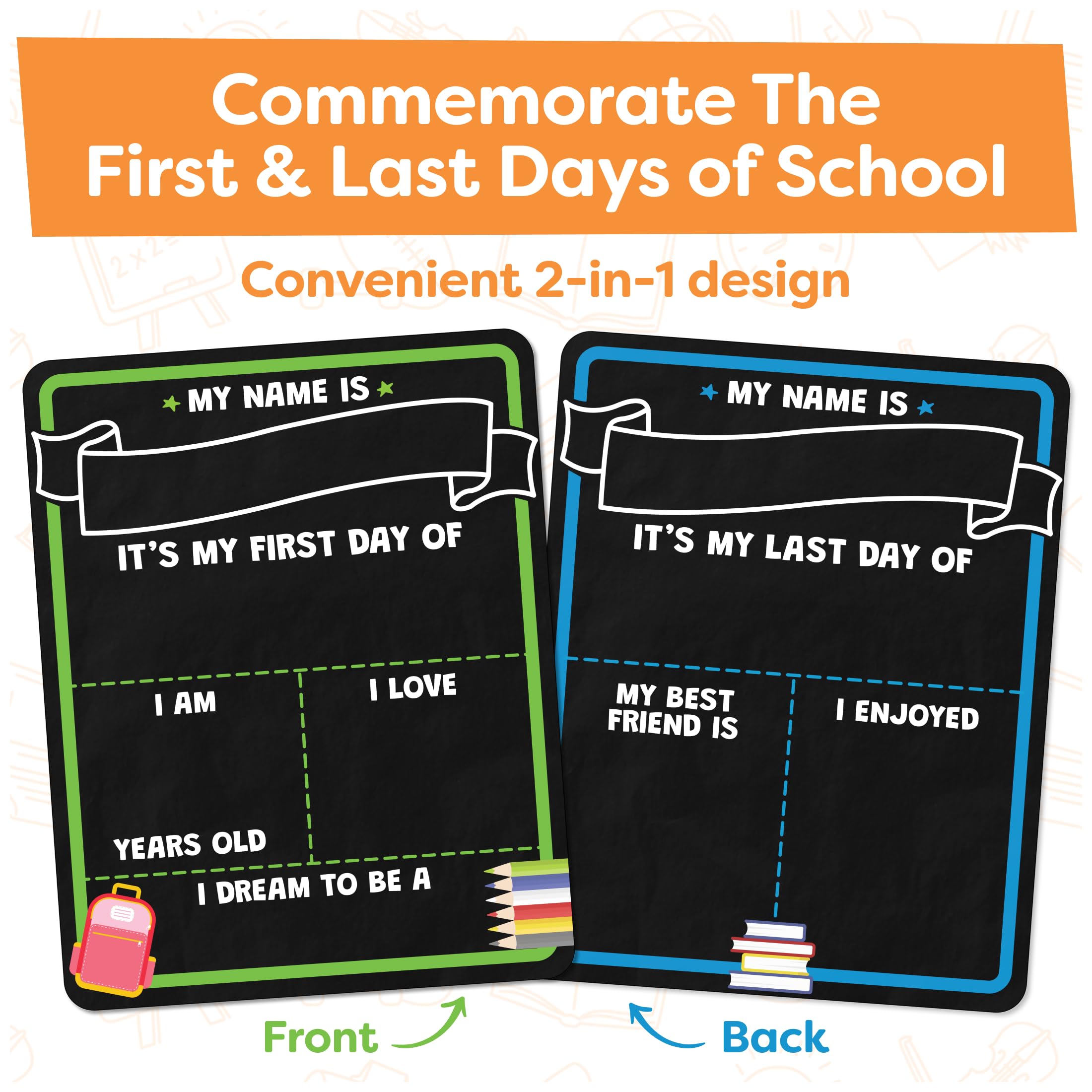 First and Last Day of School Board Sign with Liquid Chalk Markers Pack - Back to School Sign with Chalkboard Markers - 14”x11” Double-Sided - Back to School Supplies for Kindergarten Preschool