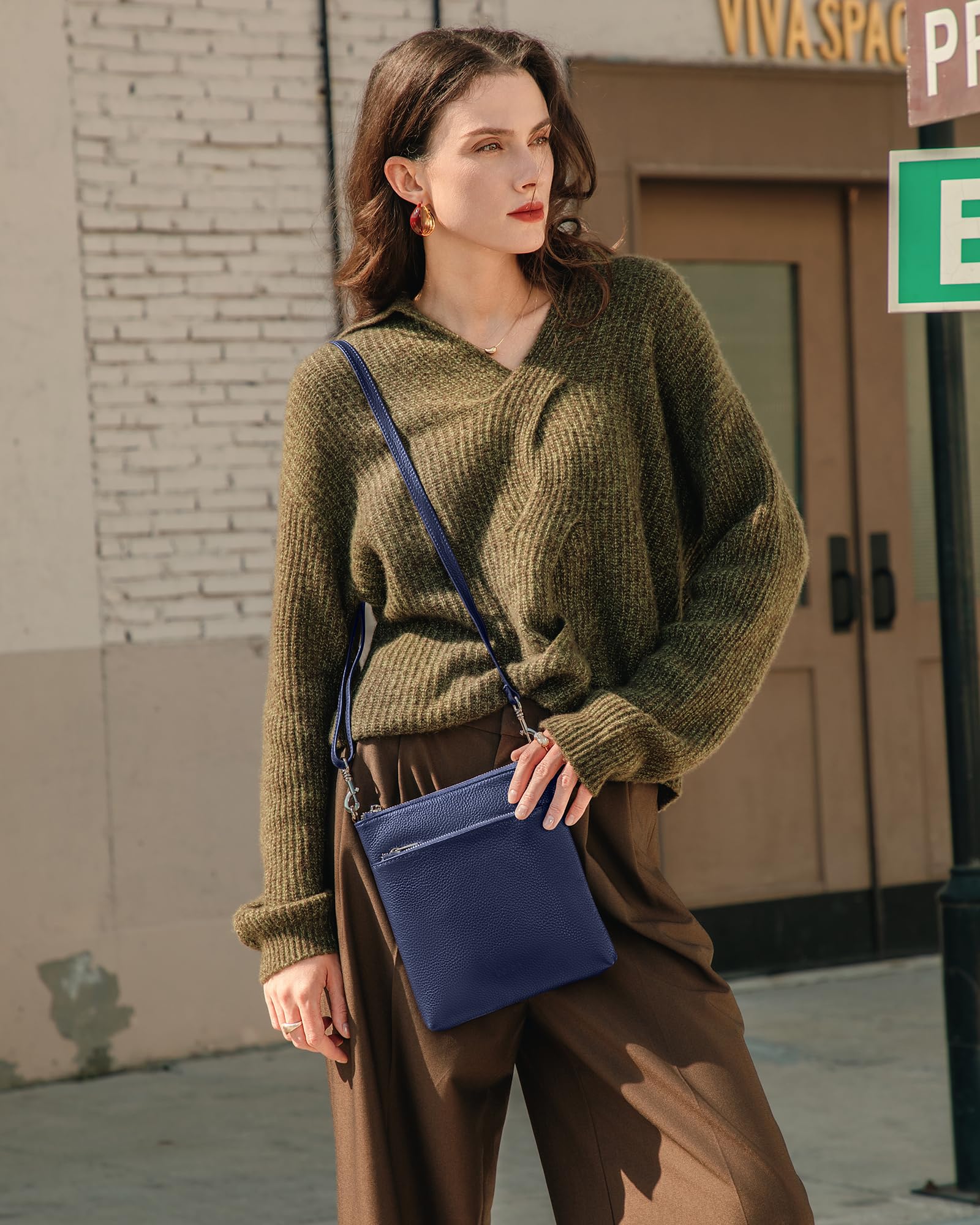 befen Small Navy Blue Genine Leather Crossbody Purses for Woman Travel Shoulder Bags with Multiple Zipper Pockets