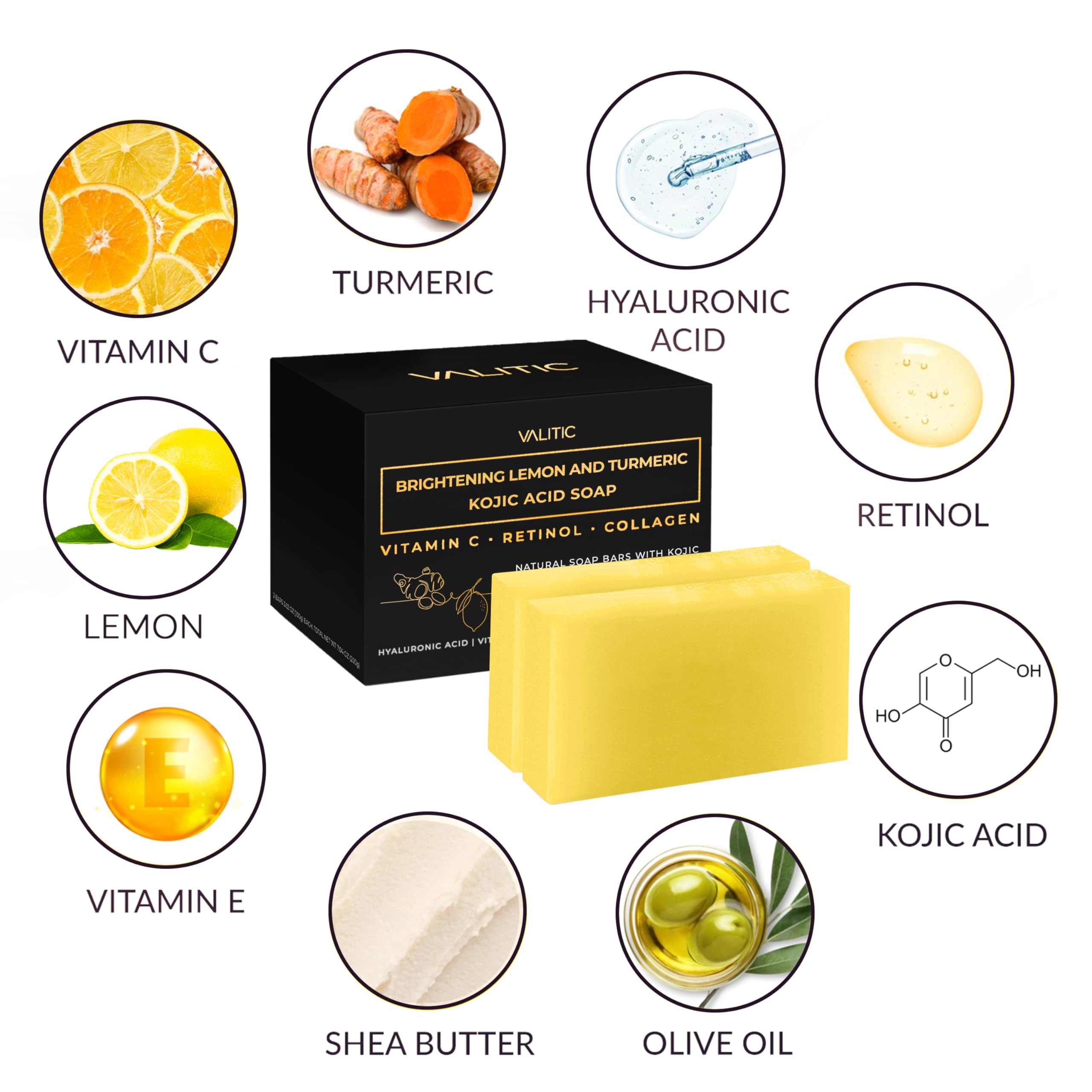 VALITIC Brightening Lemon & Turmeric Kojic Acid Soap with Vitamin C, Retinol, Collagen - Original Japanese Complex Infused with Hyaluronic Acid, Vitamin E, Shea Butter, Castile Olive Oil (2 Pack)