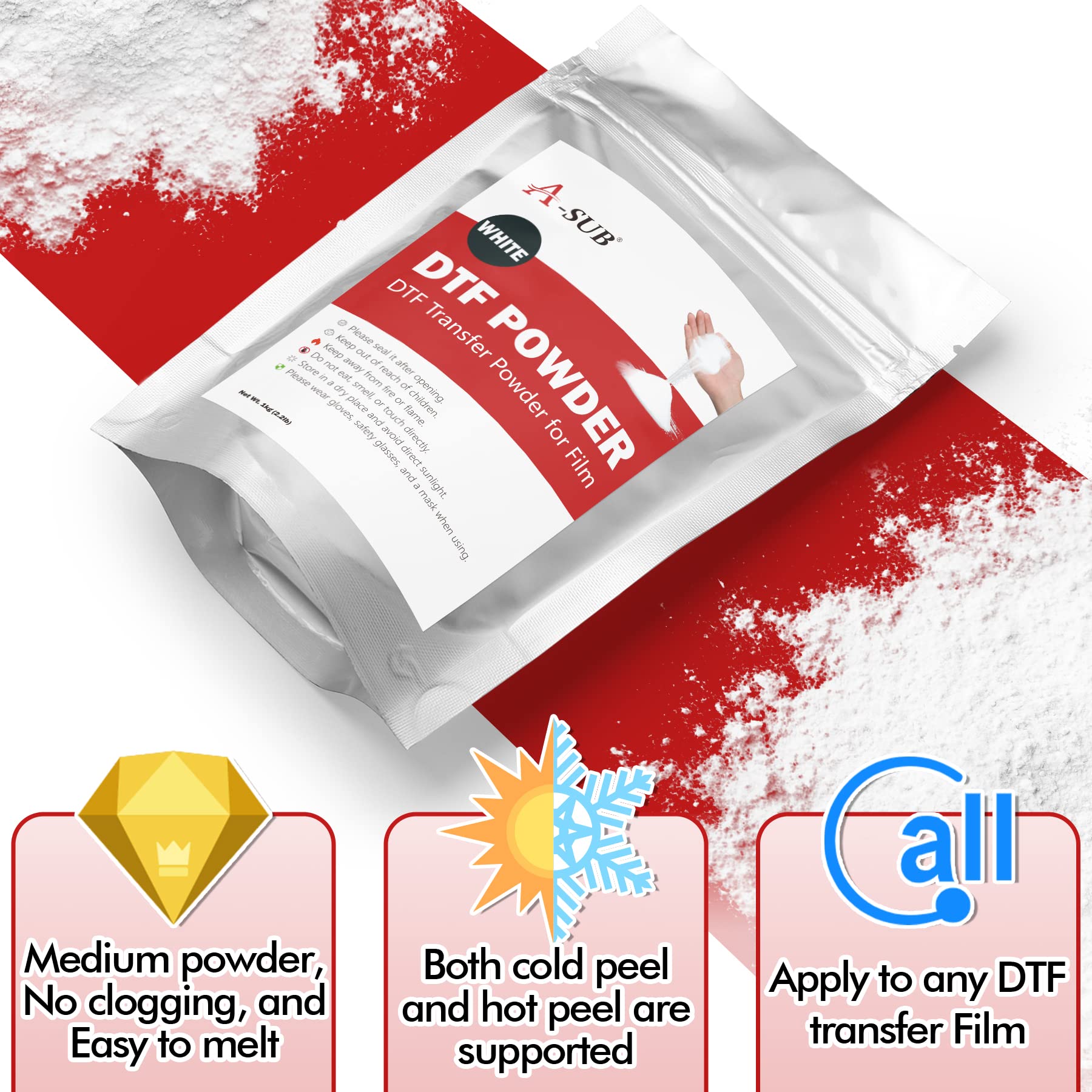 A-SUB DTF Powder, 35.3 oz White DTF Transfer Powder, Hot Melt Adhesive for Sublimation, Ideal for Digital Prints on Any Color and Material Fabric
