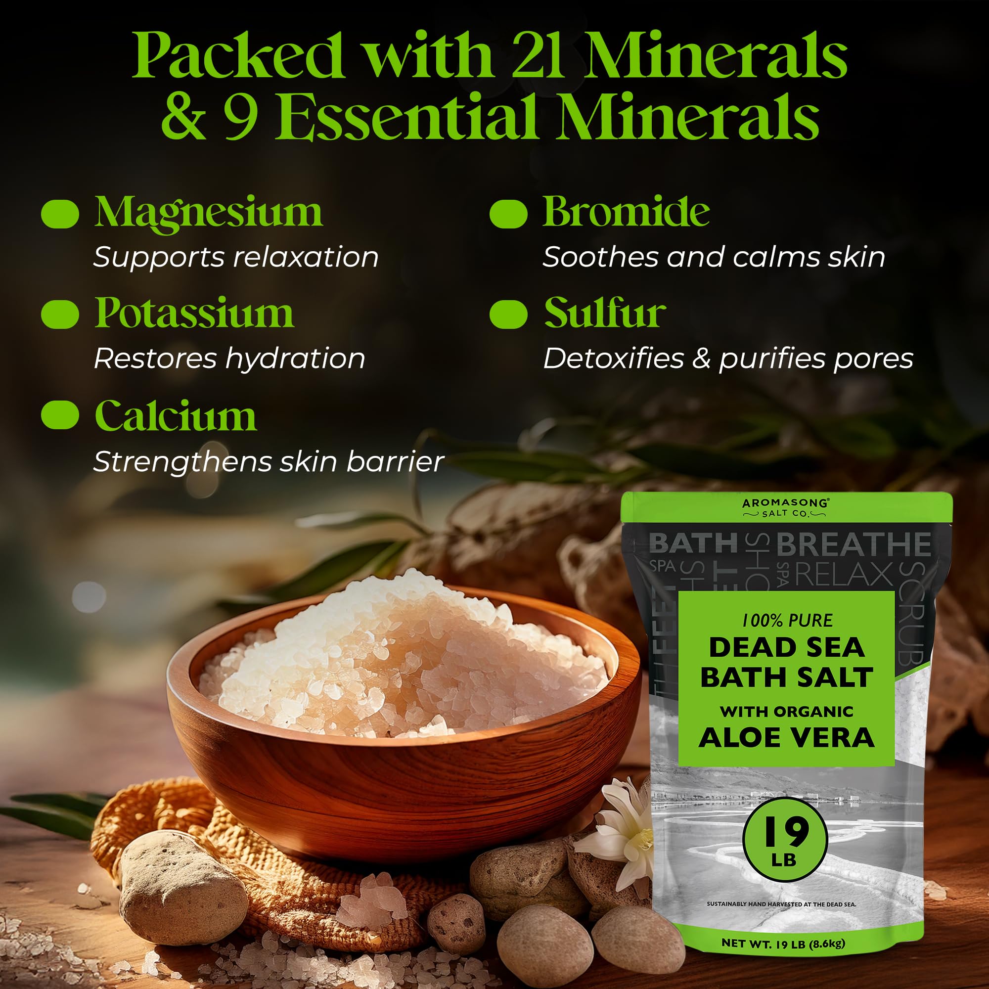 Aromasong Dead Sea Salt with Organic Aloe Vera, Spa Bath Salts, 19 Lbs Fine Bulk resealable Pack, 100% Pure & Natural, Soak for Women & Men for Tired Muscles & Skin Issues (Packaging May Vary)