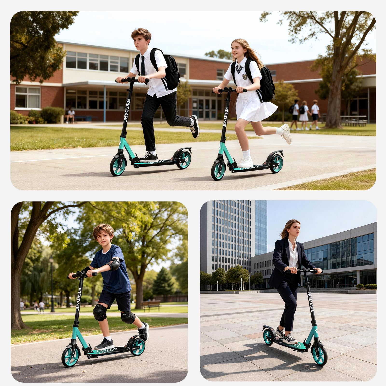 FREEDARE Kick Scooter for Kids & Adults Ages 8+, Foldable Teen Scooter with 2 Big 8-inch Wheels and 4-Level Adjustable Handlebar, Max Load 220 LBS, Green