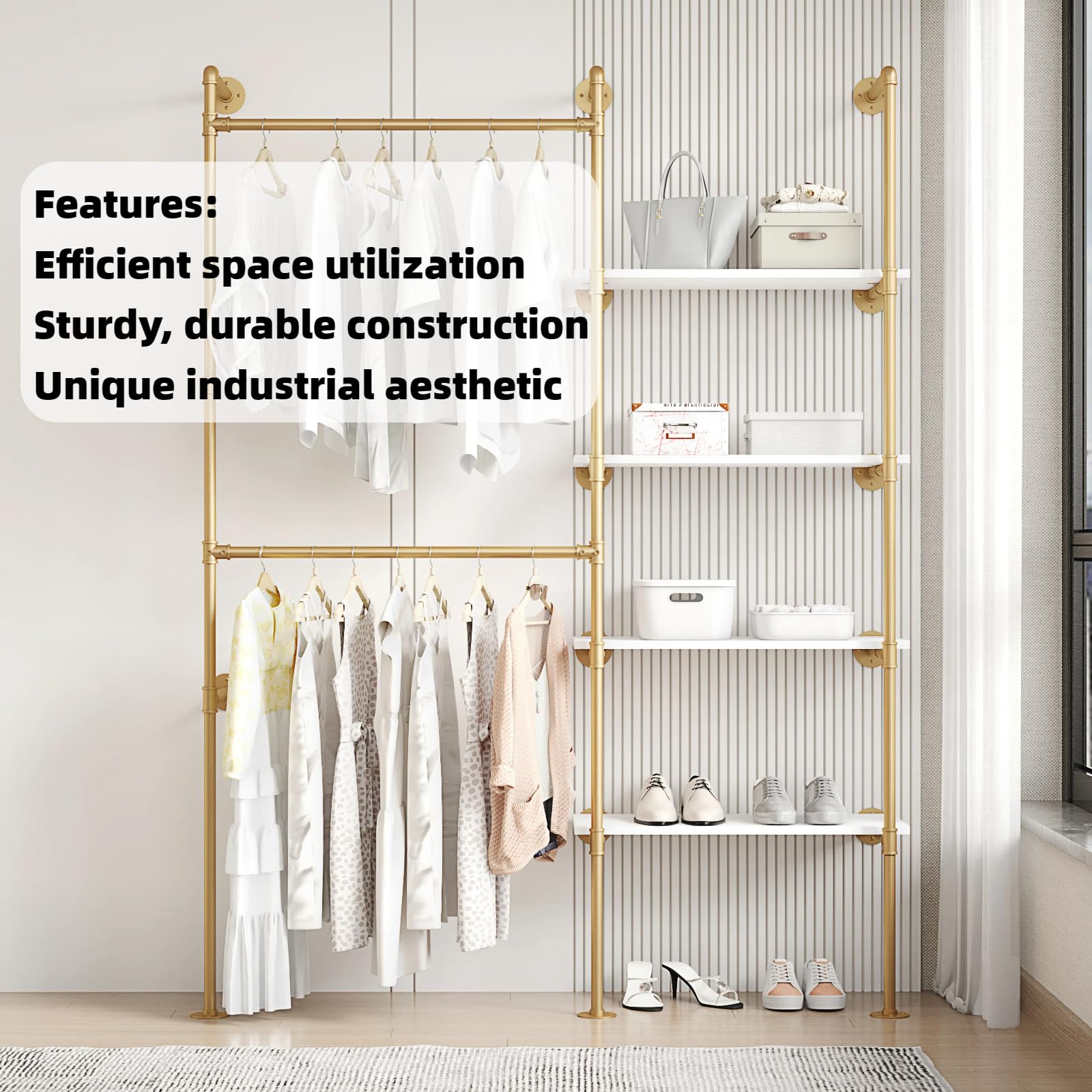 Woskar Industrial Pipe Clothing Rack, Hanging Rods Clothes Rack with Shelves, Clothes Rack for Wardrobe, Corner Closet System for Walk in Closets (Gold, II-4Tier)