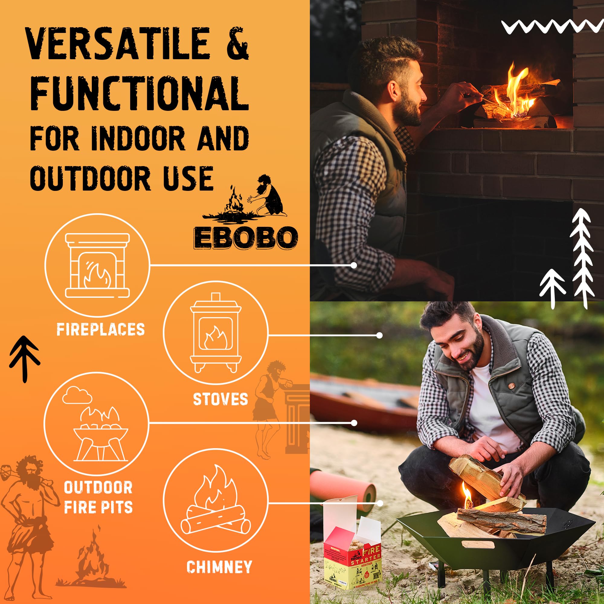 50 pcs Natural Fire Starters for Fireplace, Wood Stove, Charcoal Grill, BBQ, Fire Pit & Smoker – Wood Wool & Wax Rolls – Easy to Light, No Prep, No Mess