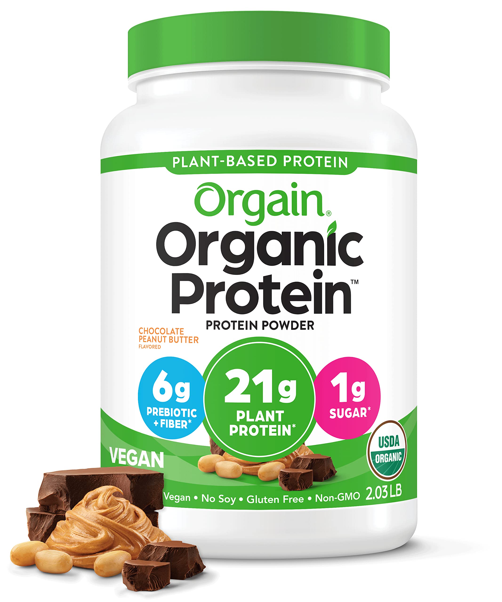 Orgain Organic Vegan Protein Powder, Chocolate Peanut Butter - 21g Plant Protein, 6g Prebiotic Fiber, Low Net Carb, No Lactose Ingredients, No Added Sugar, Non-GMO, For Shakes & Smoothies, 2.03 lb