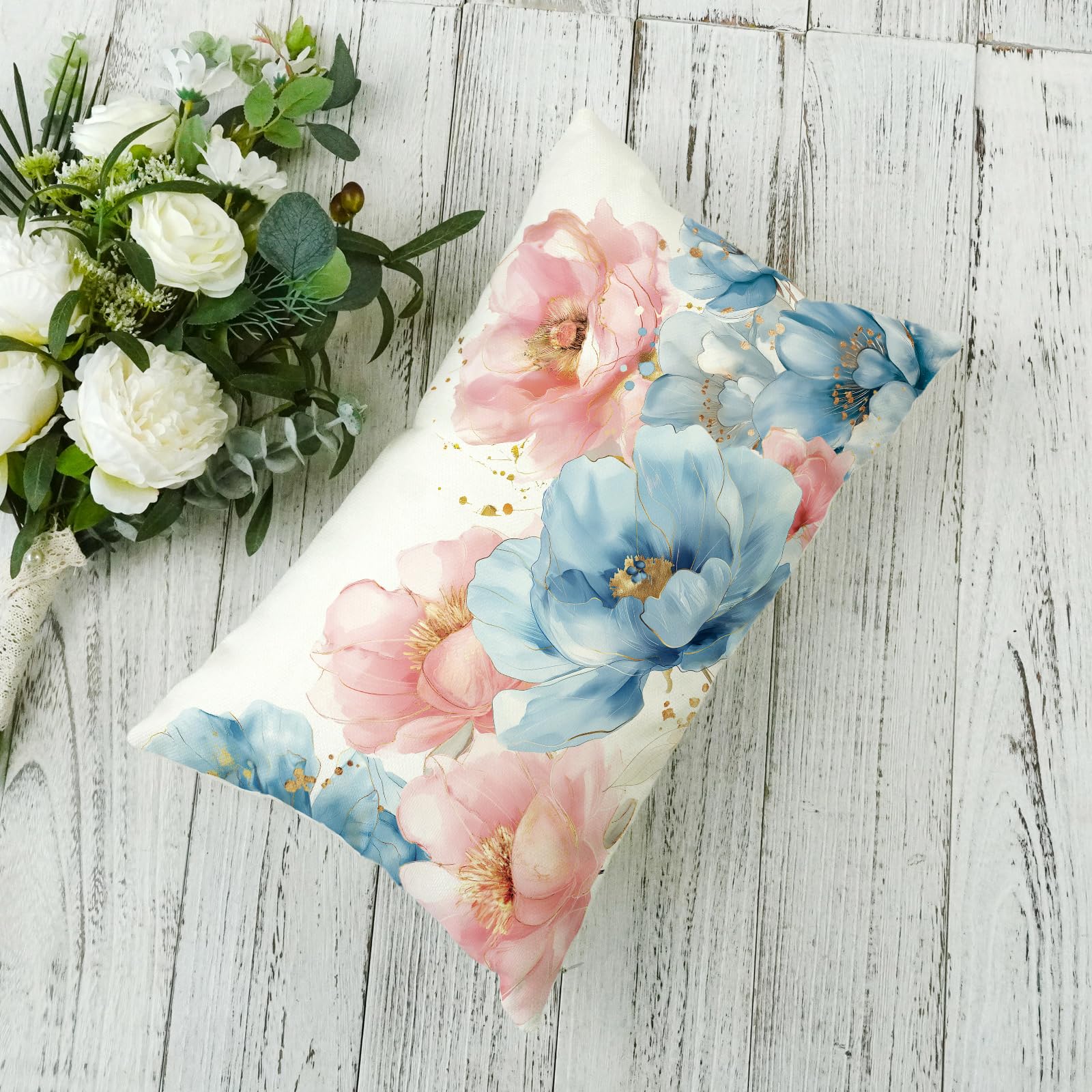 ONWAY Spring Floral Lumbar Pillow Cover 12x20 Inch Farmhouse Blue Pink Flowers Decorative Pillowcase Outdoor Patio Cushion Case for Sofa Couch Home Decor