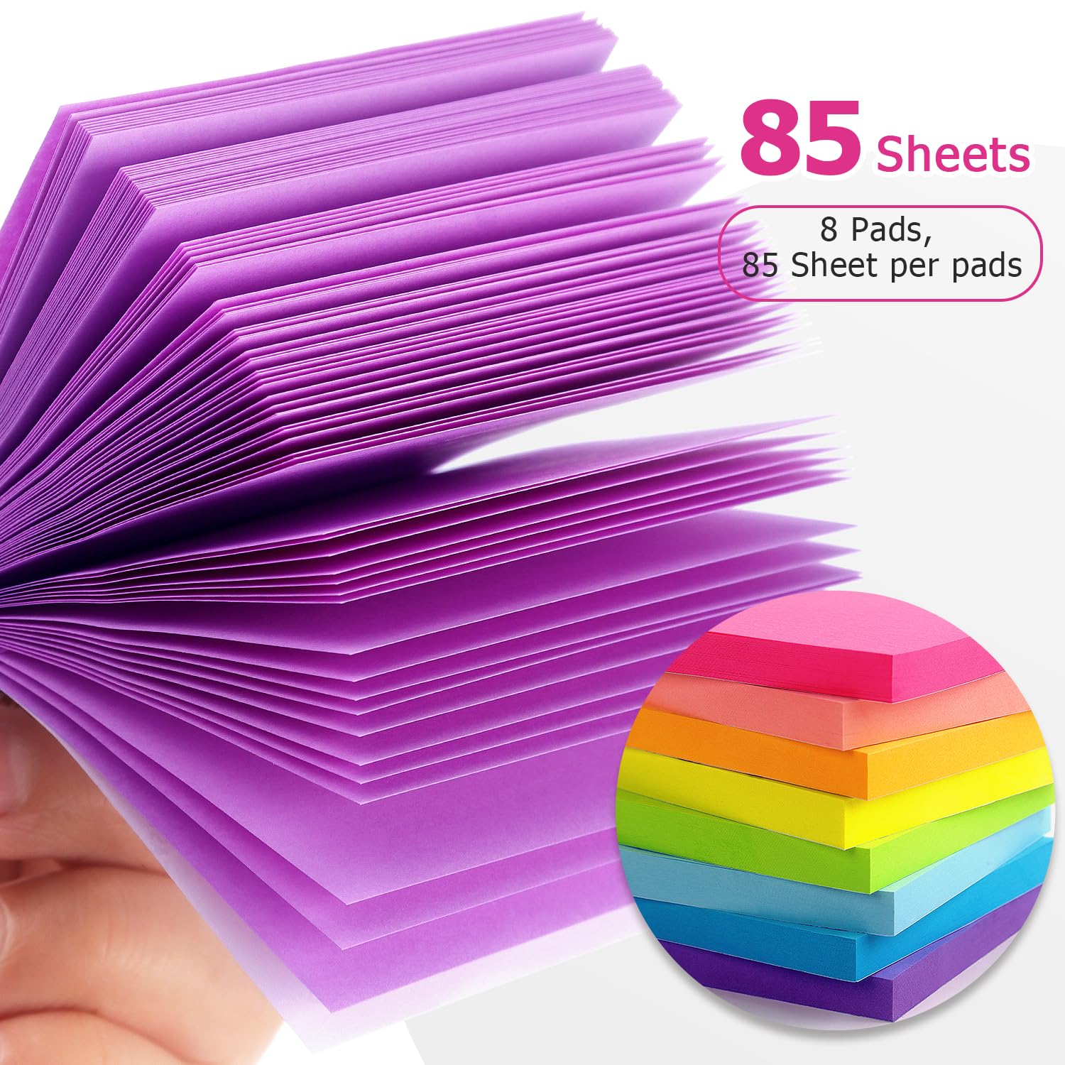 Eastern Wolf 8 Pads Sticky Notes 3x3 Self-Stick Notes 8 Bright Multi Colors Purple Sticky Notes, 85 Sheet/Pad