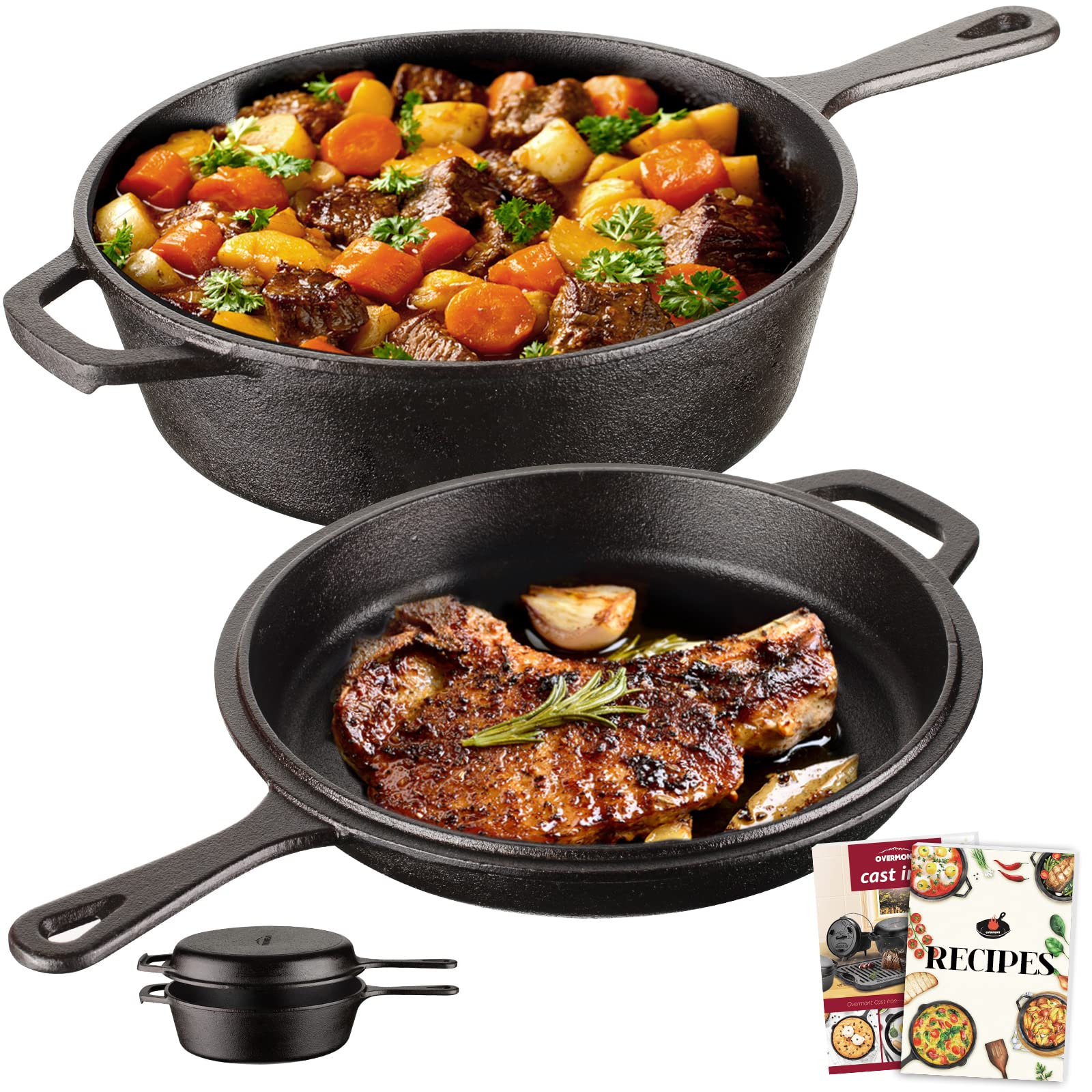 Overmont Cast Iron Dutch Oven with dual use Skillet lid for Oven, Induction, Electric, Grill, Stovetop, (3.2QT Pot, 10.5 inches)