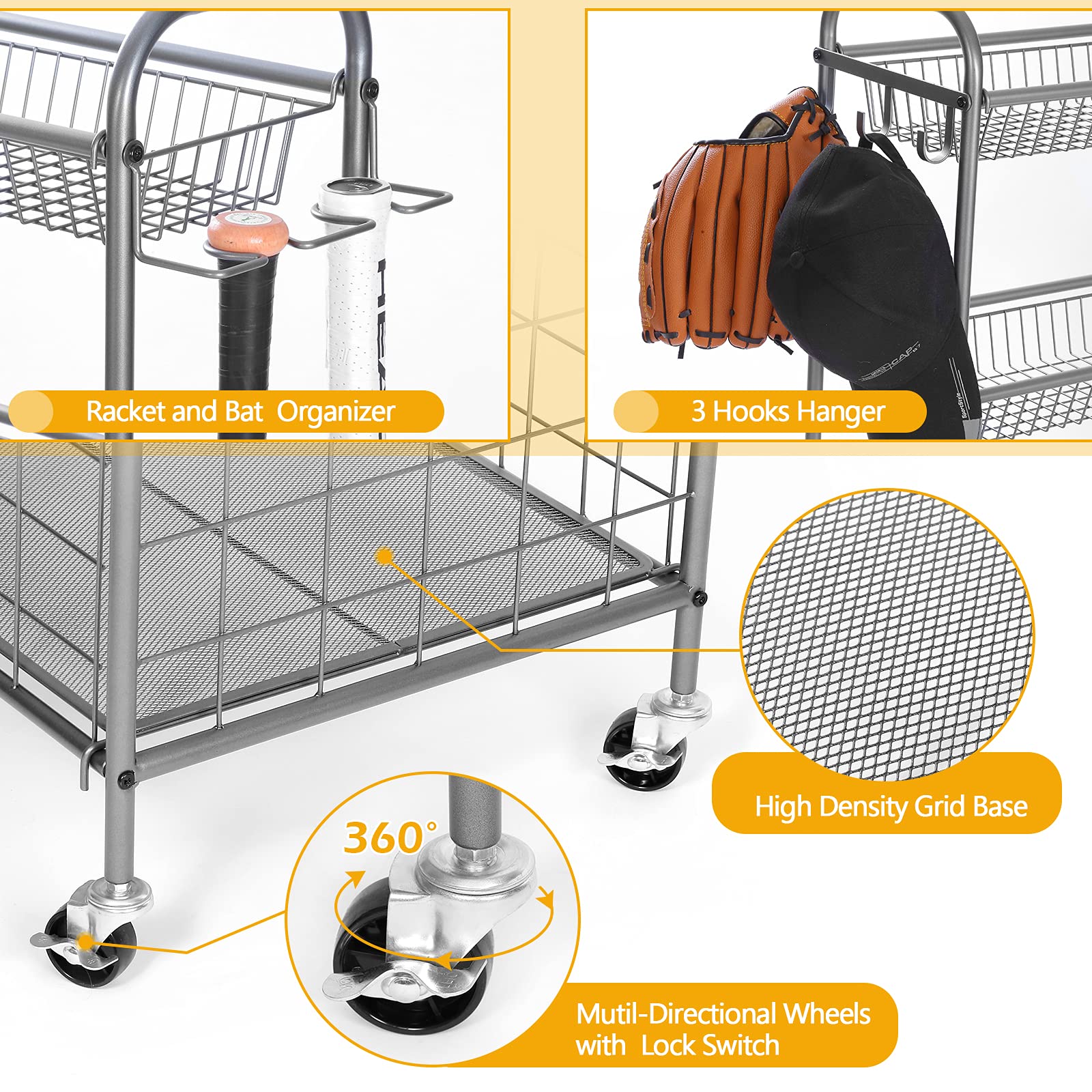 Kinghouse Garage Sports Equipment Organizer, Ball Storage Rack, Toy Storage, Nerf Gun Organization on Wheels for School, Garage, Black, Steel (Grey)