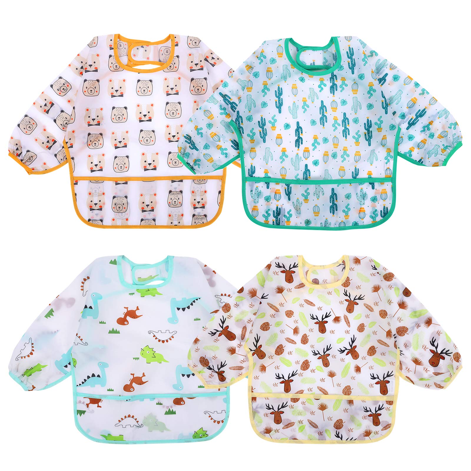 Accmor 4 Pack Long Sleeve Baby Bibs, Waterproof Sleeved Bib, Toddler Soft Bib for 6-24 Months