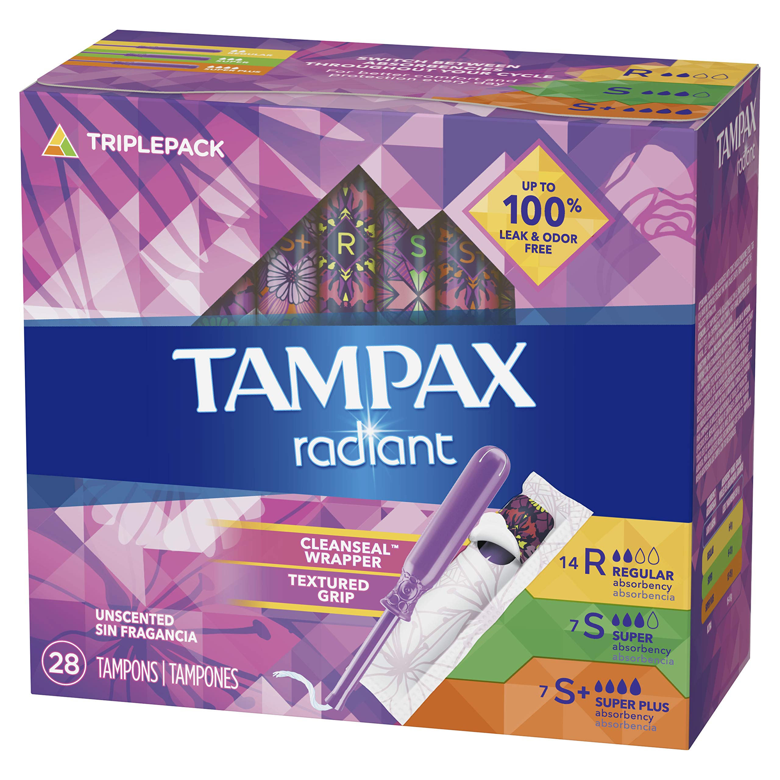 Tampax Radiant Tampons Trio Pack Regular/Super/Super Plus Absorbency, Unscented, 28 Count