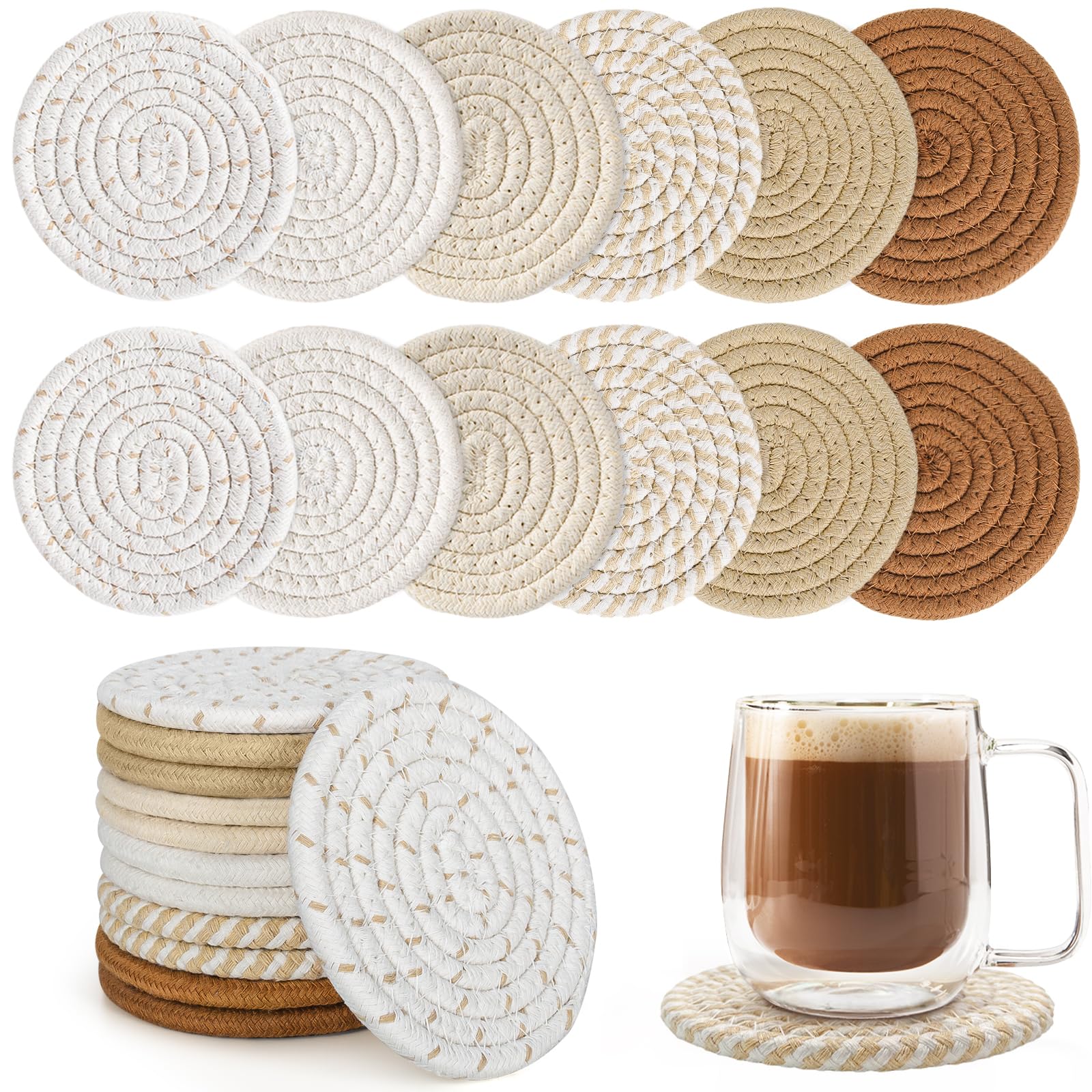 BUEDM 12 Pcs Boho Drink Coasters,6 Color Minimalist Cotton Handmade Woven Absorbent Drink Coasters,Heat Resistant Cotton Coasters for Coffee Table, Kitchen, Home Decoration（4.3 In）