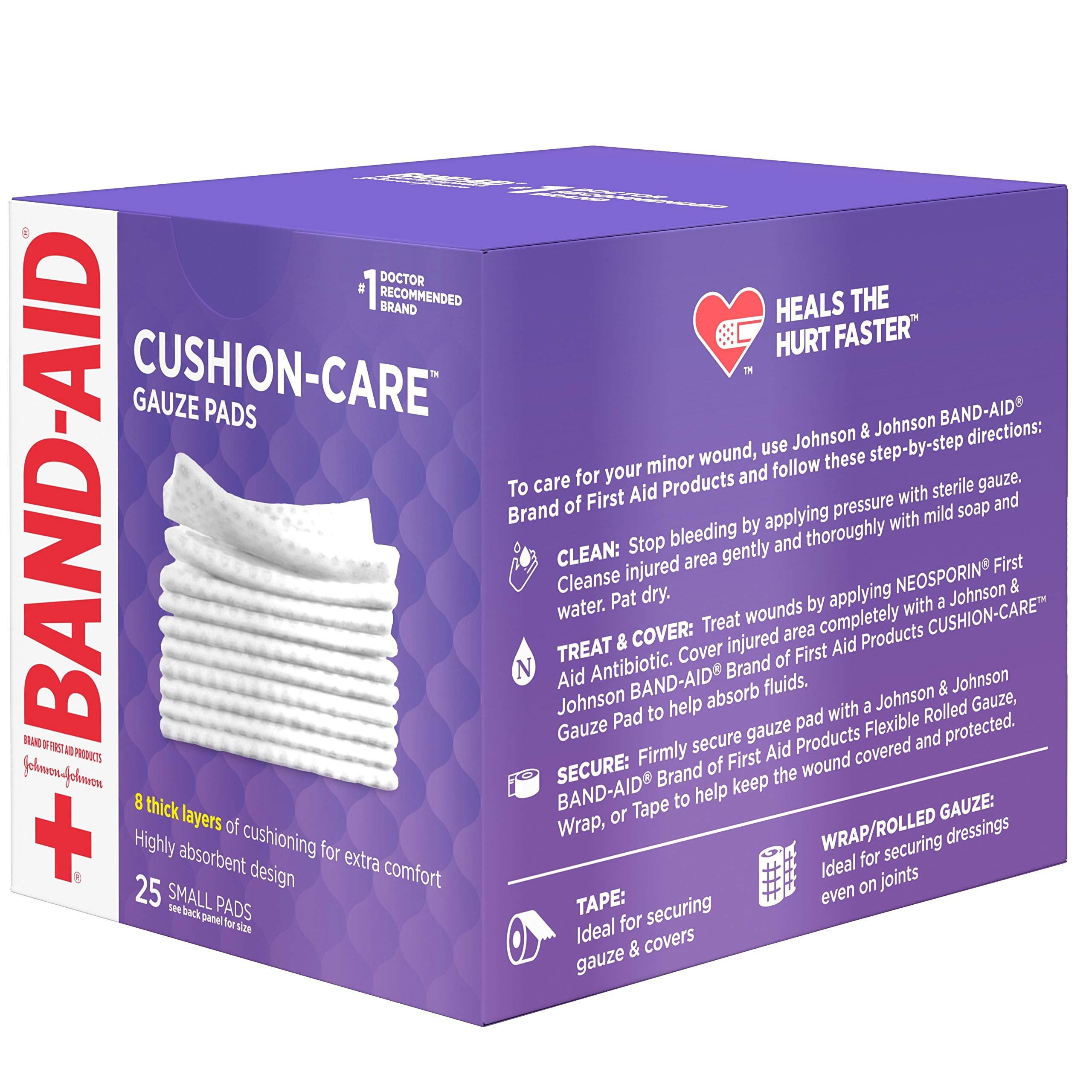 Band-Aid Brand Cushion Care Non-Stick Gauze Pads, Individually-Wrapped, Small, White, 2 x 2 in, 25 Count, Pack of 3