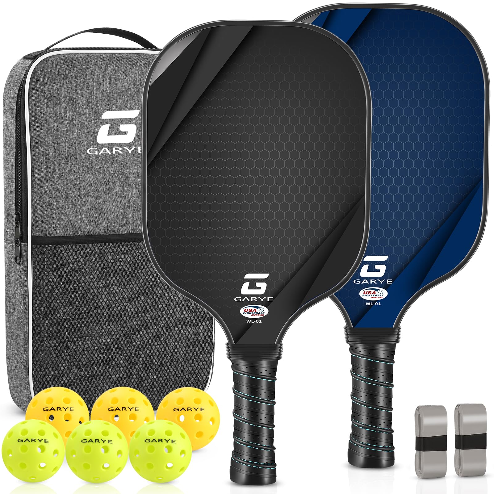 GARYE Pickleball Paddles Set of 2, USAPA Approved Carbon Fiber Pickleball Set, Lightweight Graphite Rackets 2 Pack with 6 Balls, 1 Pickleball Bag for Men and Women