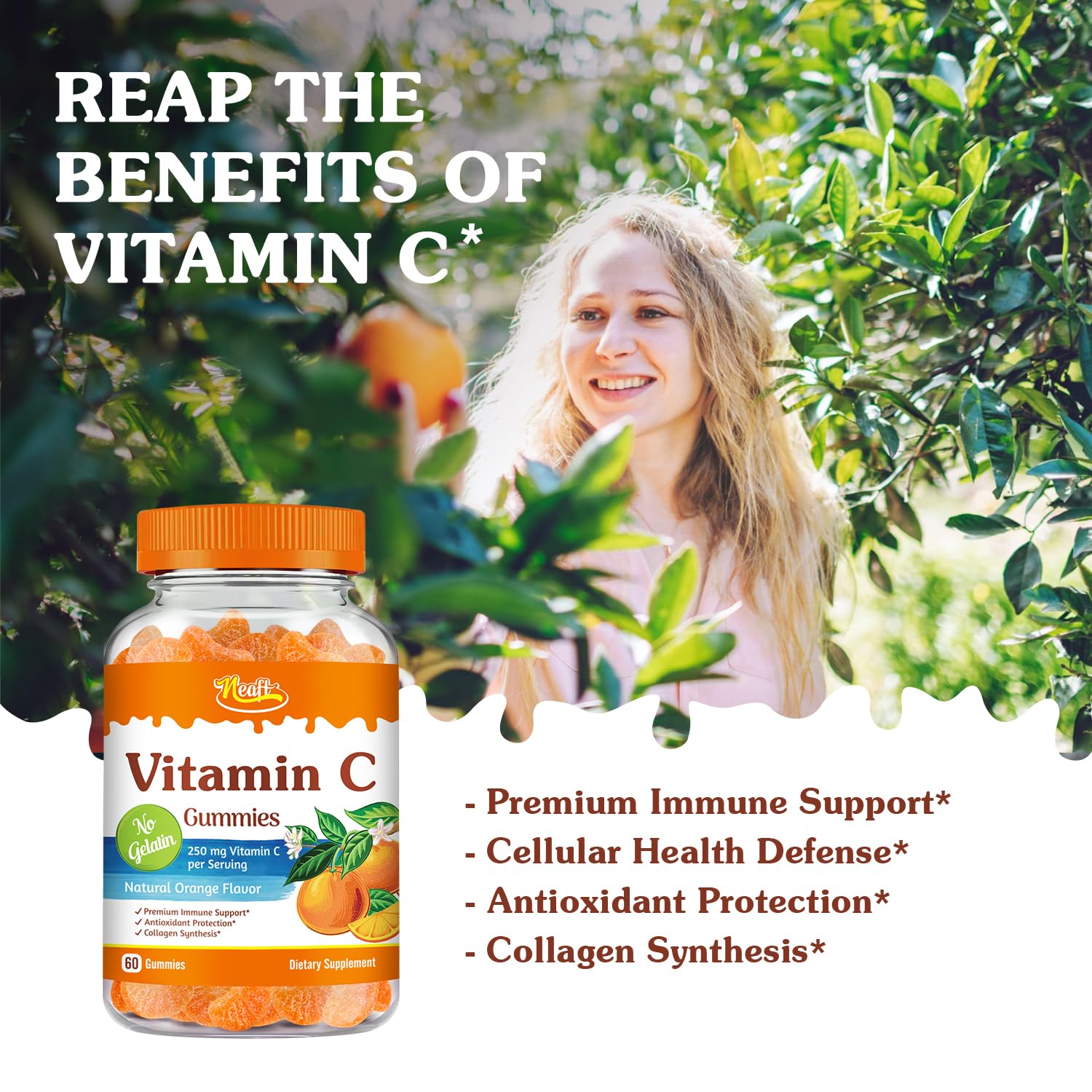 Neaft Vitamin C Gummies 250 mg, Immune & Antioxidant Support, Collagen Synthesis, for Men, Women and Children, Natural Orange Flavor, Pectin-Based, Vegan, 60 Gummies