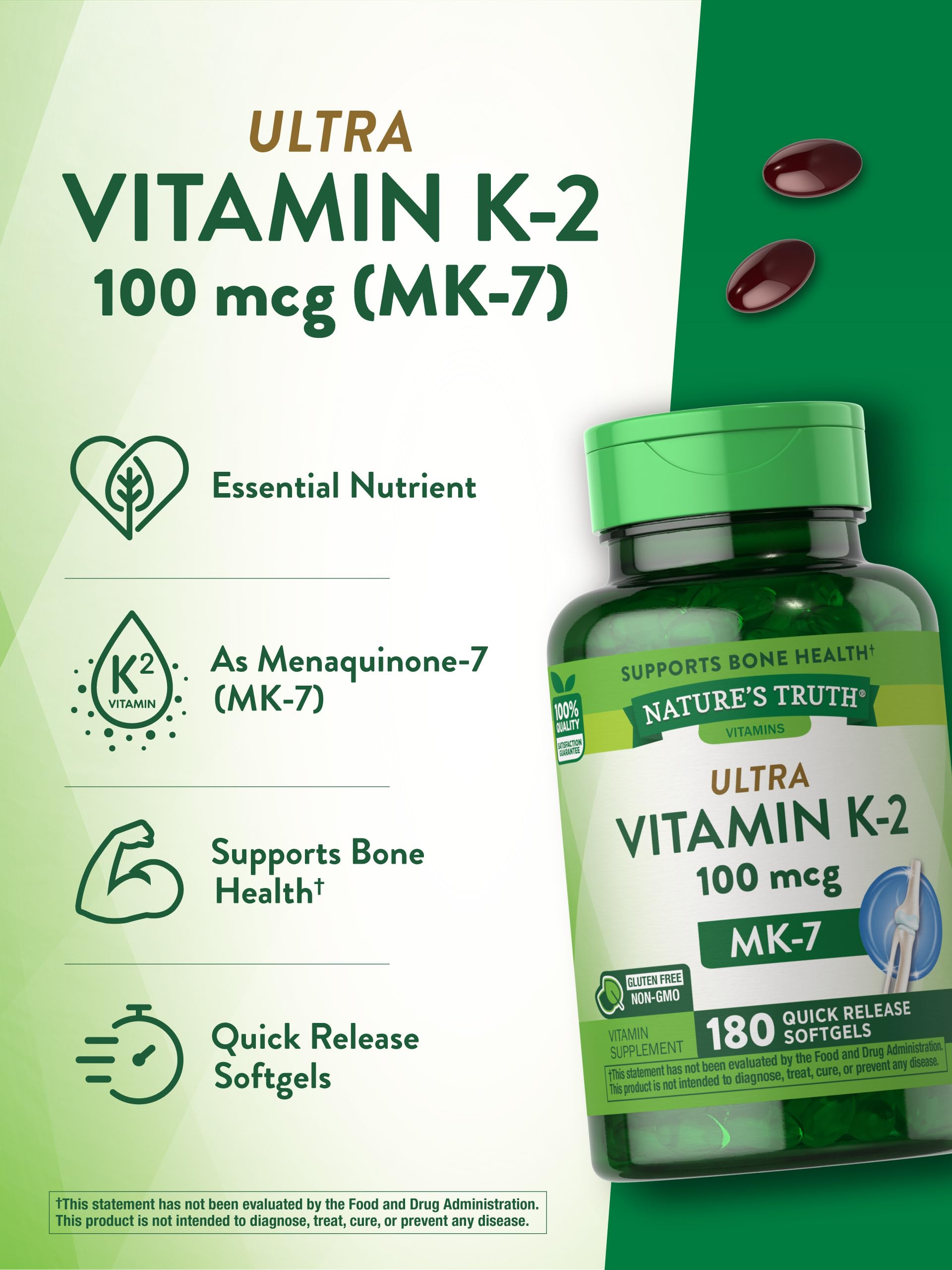 Nature's Truth Vitamin K2 MK7 Complex | 100 mcg | 180 Softgels | Non-GMO & Gluten Free Supplement