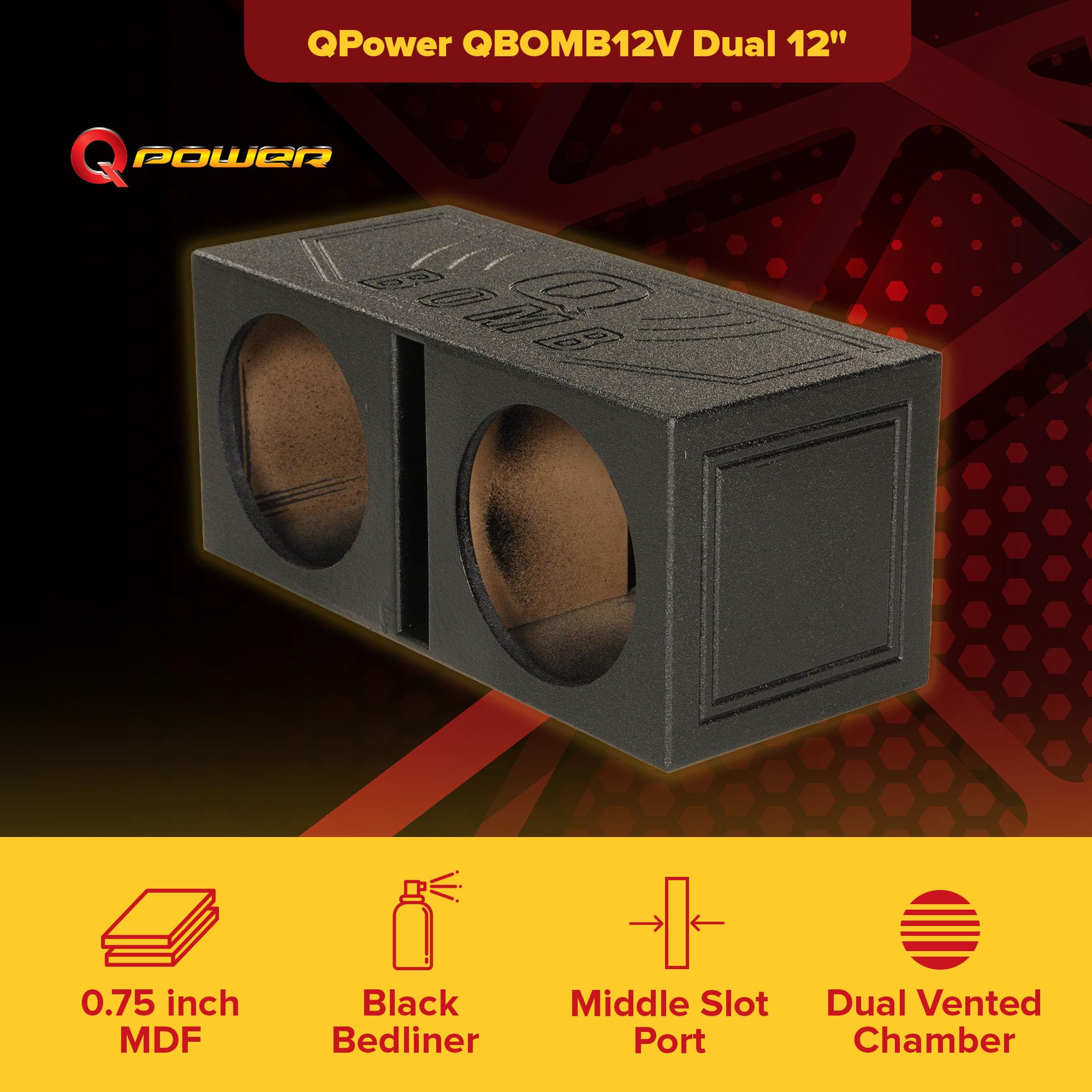 Q Power Dual 12 Inch Subwoofer Box, High-Performance Vented Speaker Enclosure, Black