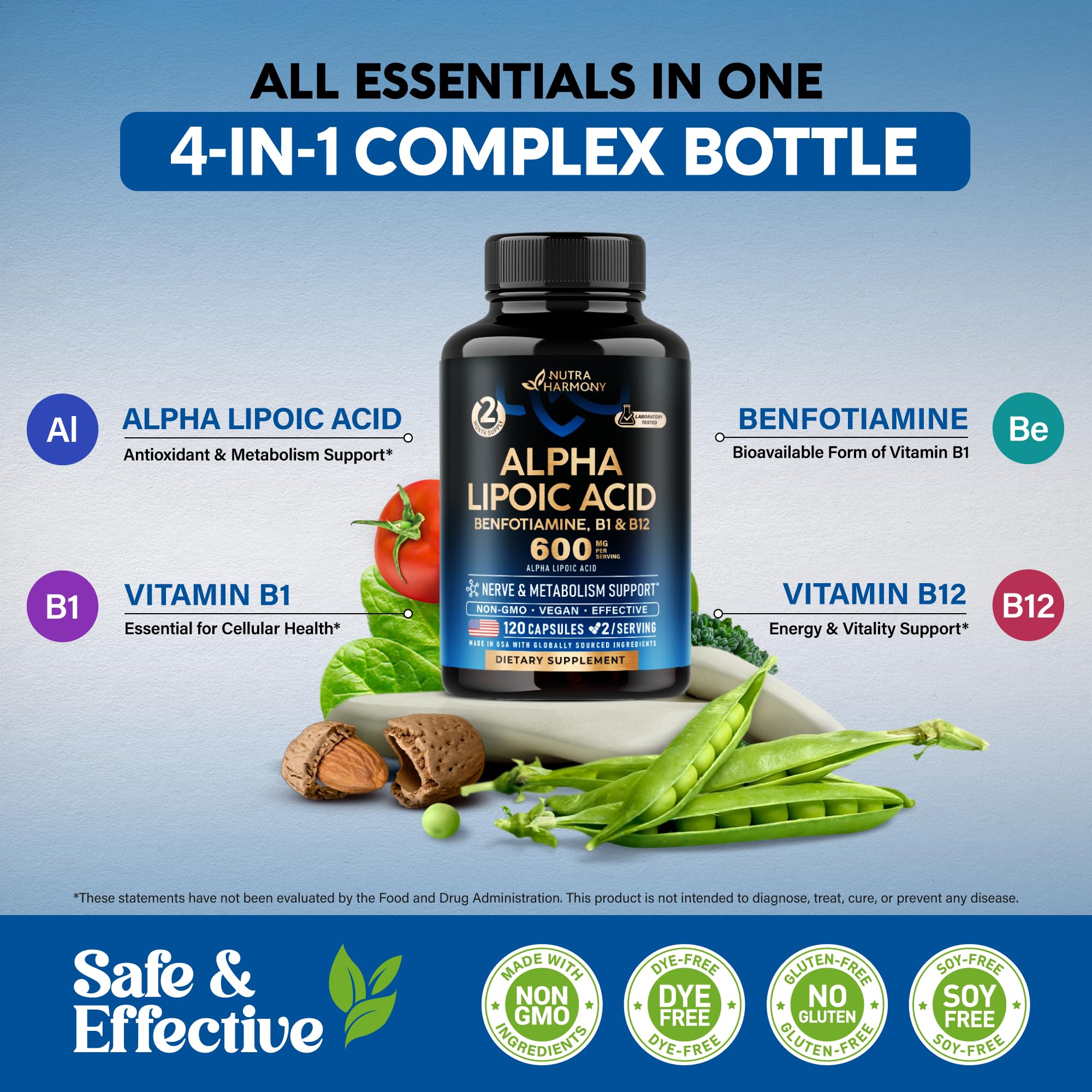 Alpha Lipoic Acid 600mg - ALA Supplement Antioxidant for Nerve, Energy & Metabolism Support - Extra Strength with Benfotiamine, B1 & B12 - Lab Tested, NON-GMO & Vegan - 120 Capsules, 2 Month Supply
