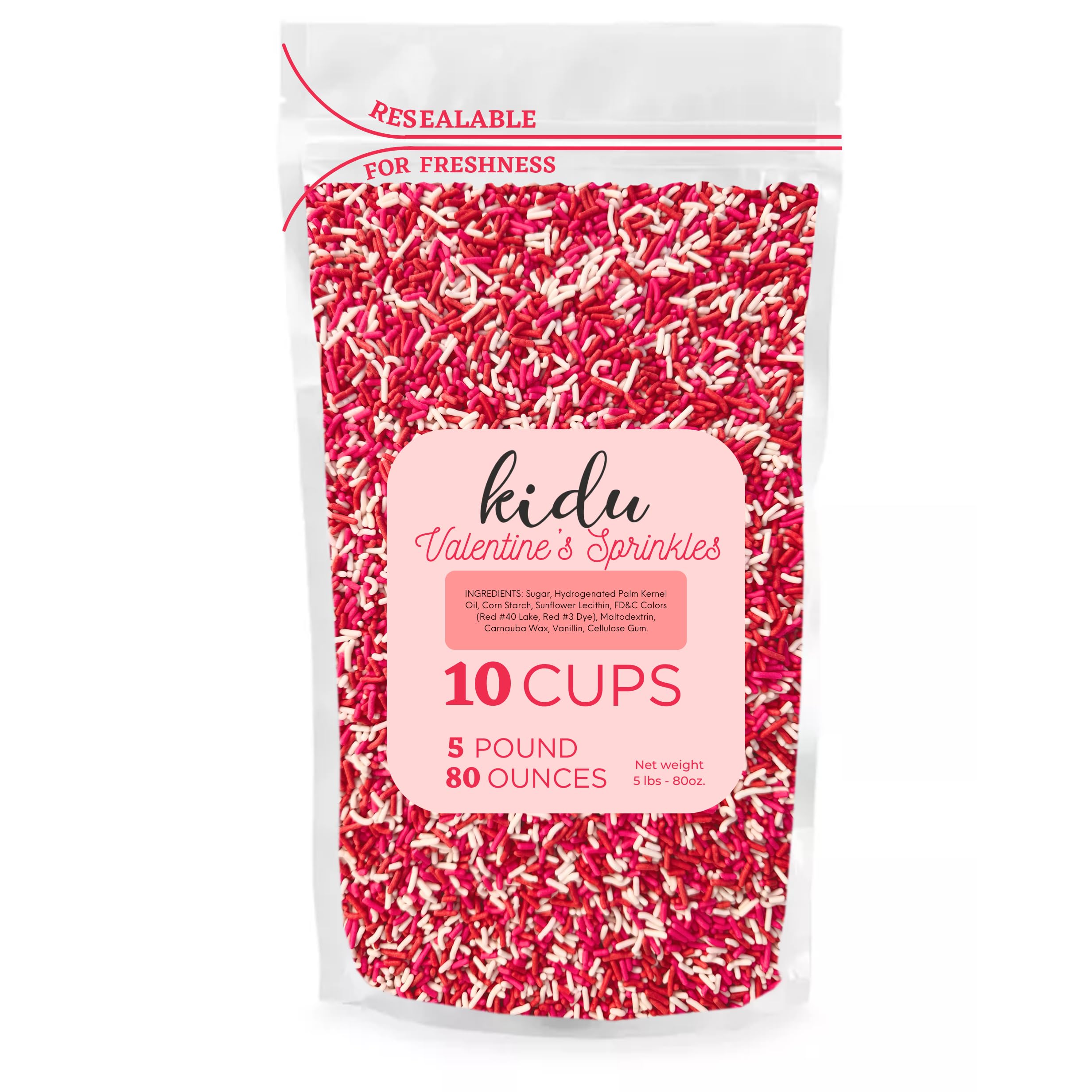 Kidu Valentine’s Day Sprinkles Red, Pink & White 80 Ounce - 5 Pound Resealable Bag, Jimmies, Festive Sprinkles for Every Occasion, for Baking, Desserts, Decorate Cakes, Cupcakes, Cookies, Ice Cream Sundaes and More. Sprinkle Some Love!