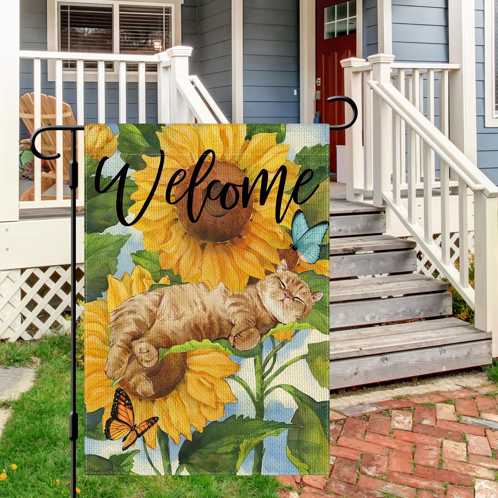 DLZDN Sunflower Cat Garden Flag Spring Summer Funny Cat Garden Flags 12×18 Inch Double Sided Vertical Burlap Farmhouse Welcome Yard Flag Seasonal Outdoor Decor