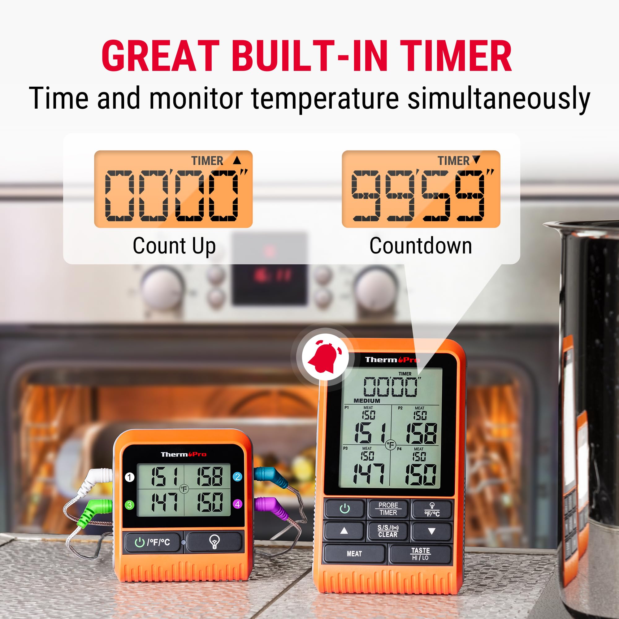 ThermoPro TP829 Wireless LCD Meat Thermometer for Grilling and Smoking, 1000FT Grill Thermometer for Outside Grill with 4 Meat Probes, BBQ Thermometer for Smoker Oven Cooking Beef Turkey