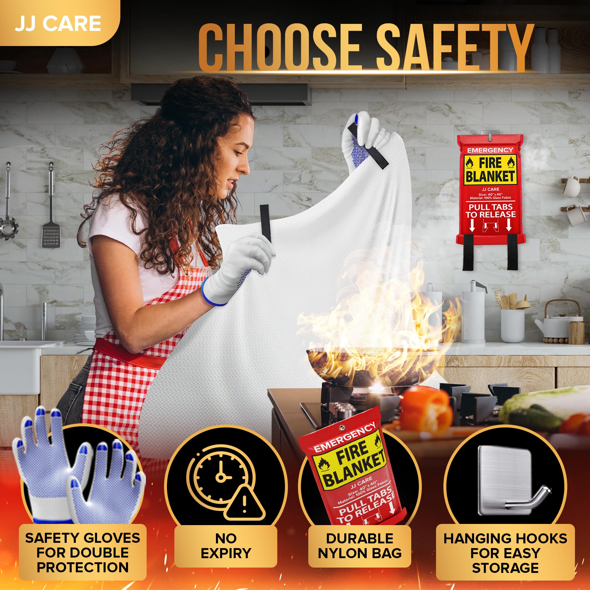 JJ CARE Fire Blanket – 10 Packs with Hooks – Emergency Fire Blanket for Home & Kitchen, High Heat Resistant Fire Suppression Blankets for Home Safety, Kitchen, and Camping