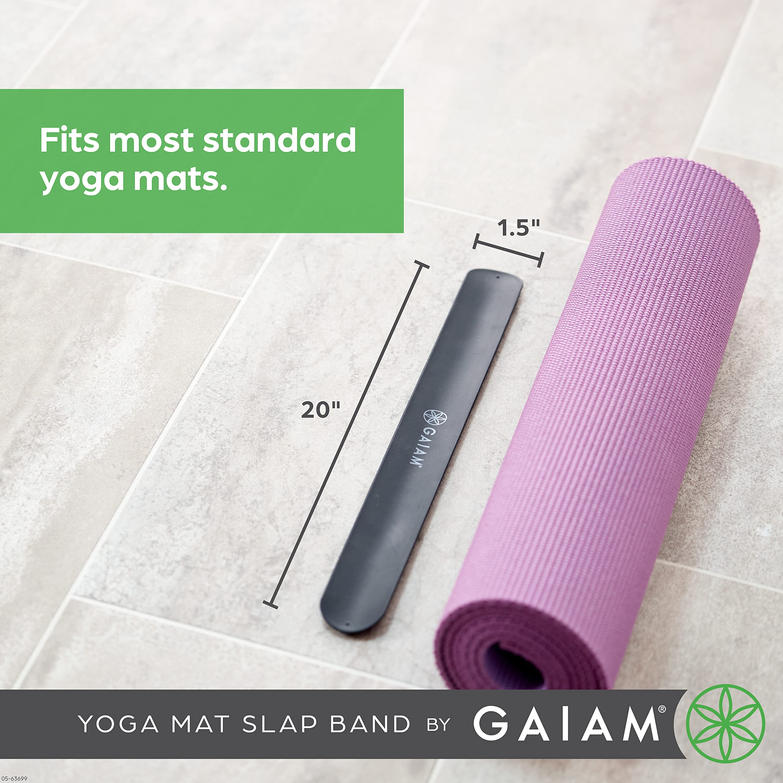 Gaiam Yoga Mat Strap Slap Band - Keeps Your Mat Tightly Rolled and Secure with One Snap - Strong Clasp for Yoga Mat Storage and Travel - Fits Most Size Mats (20"L x 1.5"W), Black