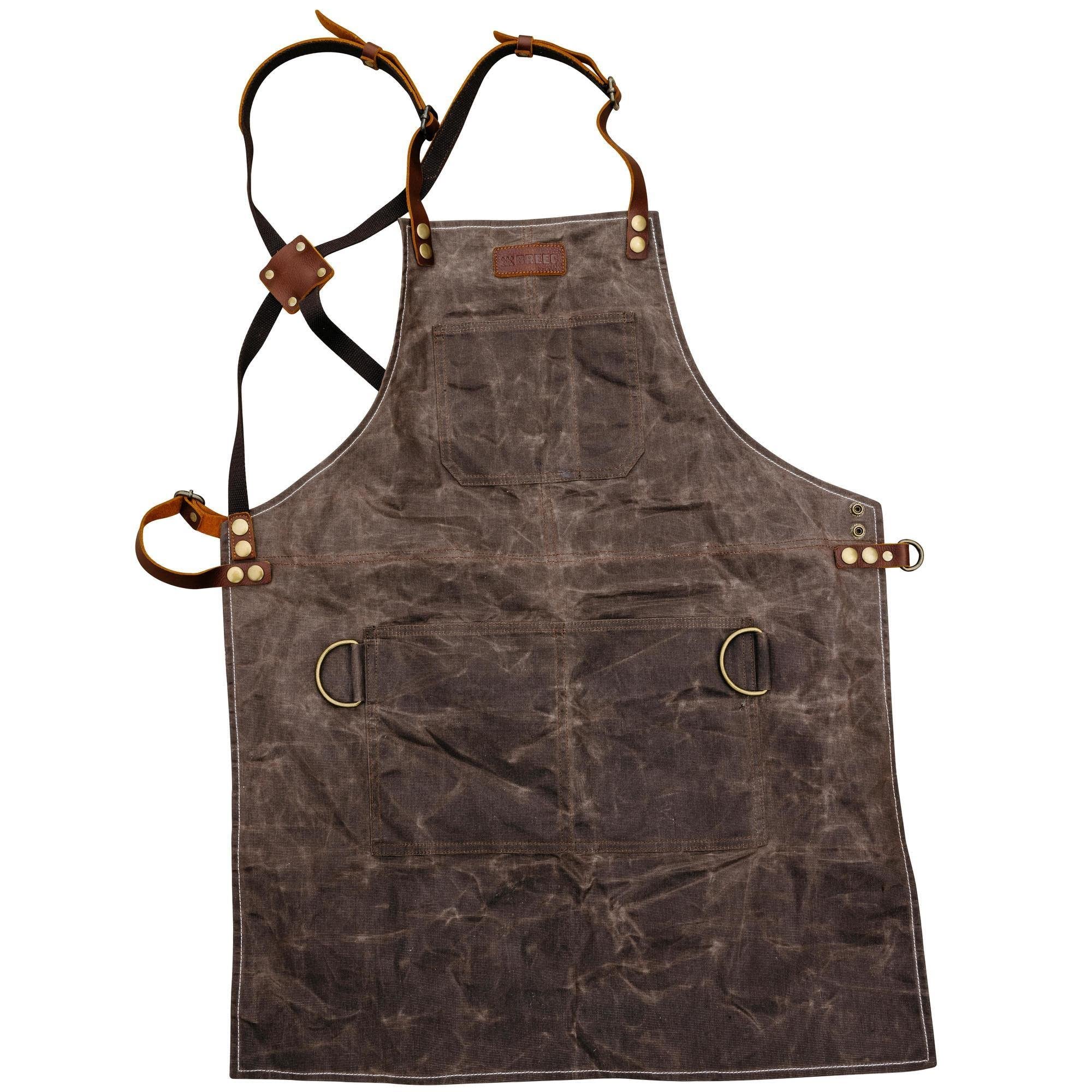 Breeo Waxed Canvas Apron - Leather Straps - D Rings & Pockets - Adjustable Straps