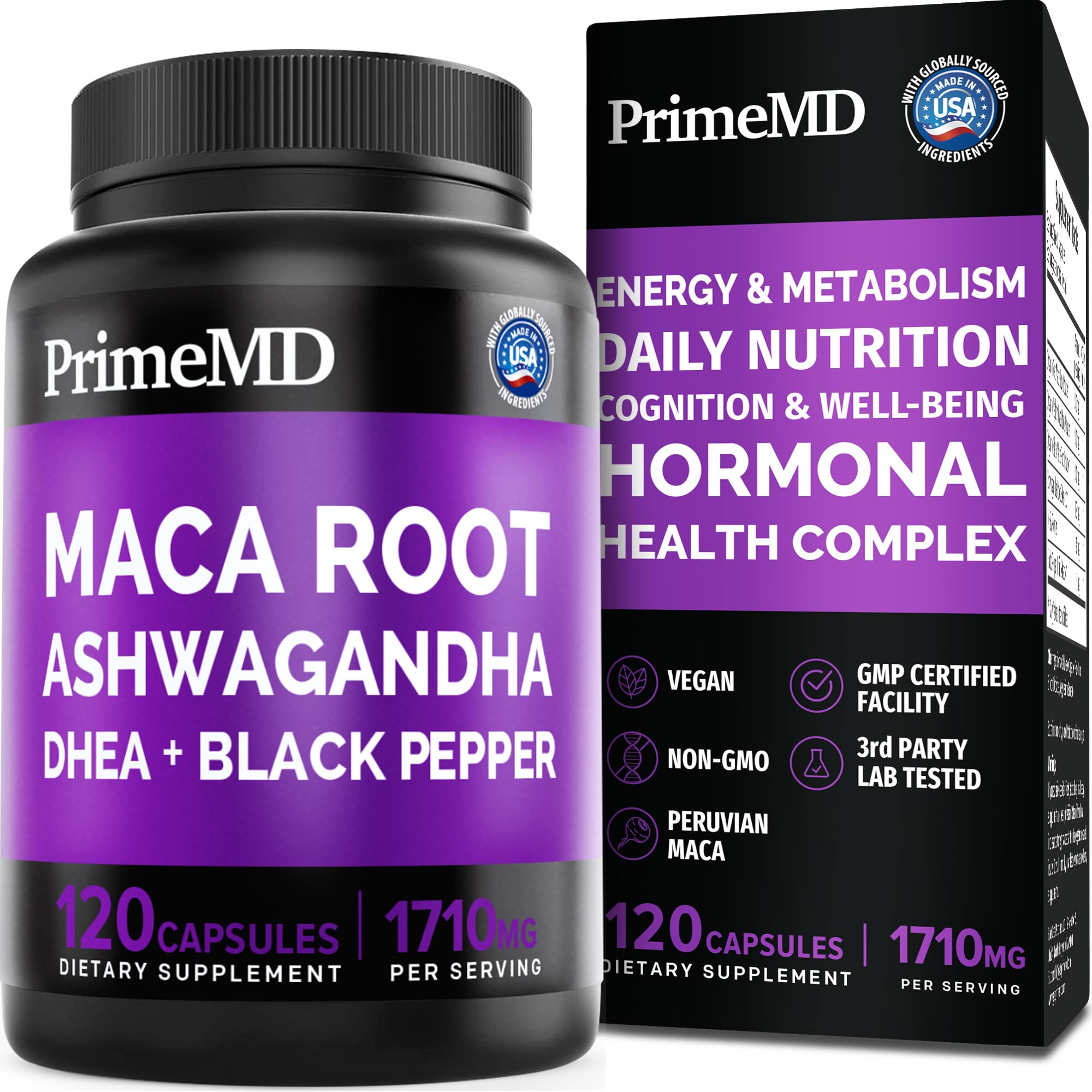 6-in-1 Organic Maca Root Ashwagandha Capsules 1710mg with DHEA and Black Pepper Fruit Extract for Women and Men - Black Maca Supplement for Stamina, Bone and Mood Support Supplement, 120 count