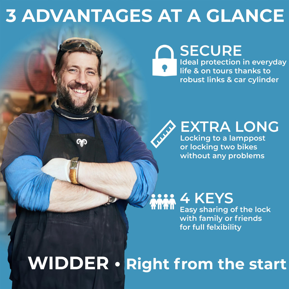 WIDDER Very long [47"] security folding lock - foldable bicycle lock with 4 keys | Folding bike lock with frame mount bracket, no rattling | Ideal as ebike lock, e scooter lock & bicycle lock with key