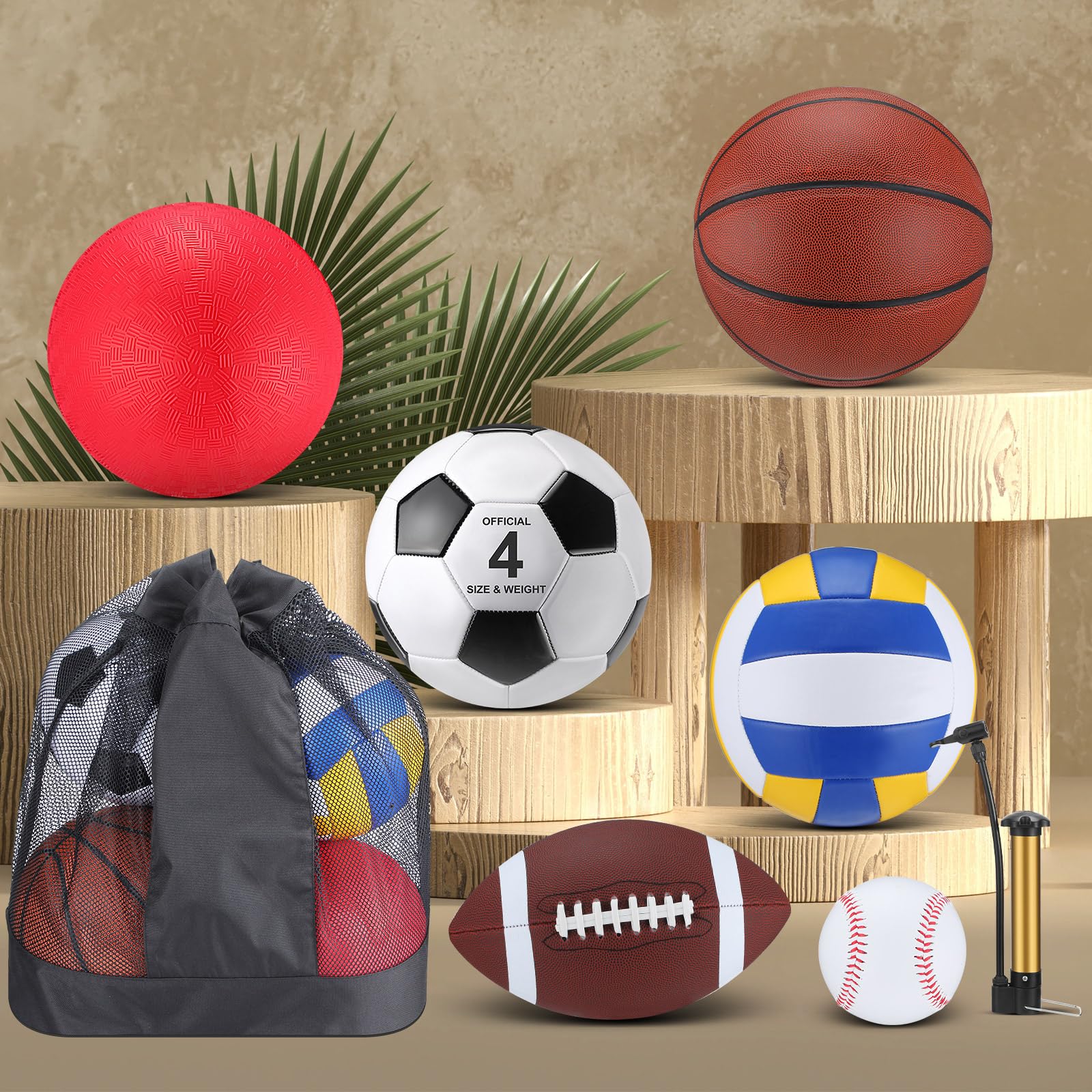 Deekin 12 Pcs Assorted Sport Ball Set Official Size Basketball, Football, Volleyball, Soccer, Baseball, Playground Ball with Bag and Pump Gift for Kid Youth Adult(Classic,Youth Kids)