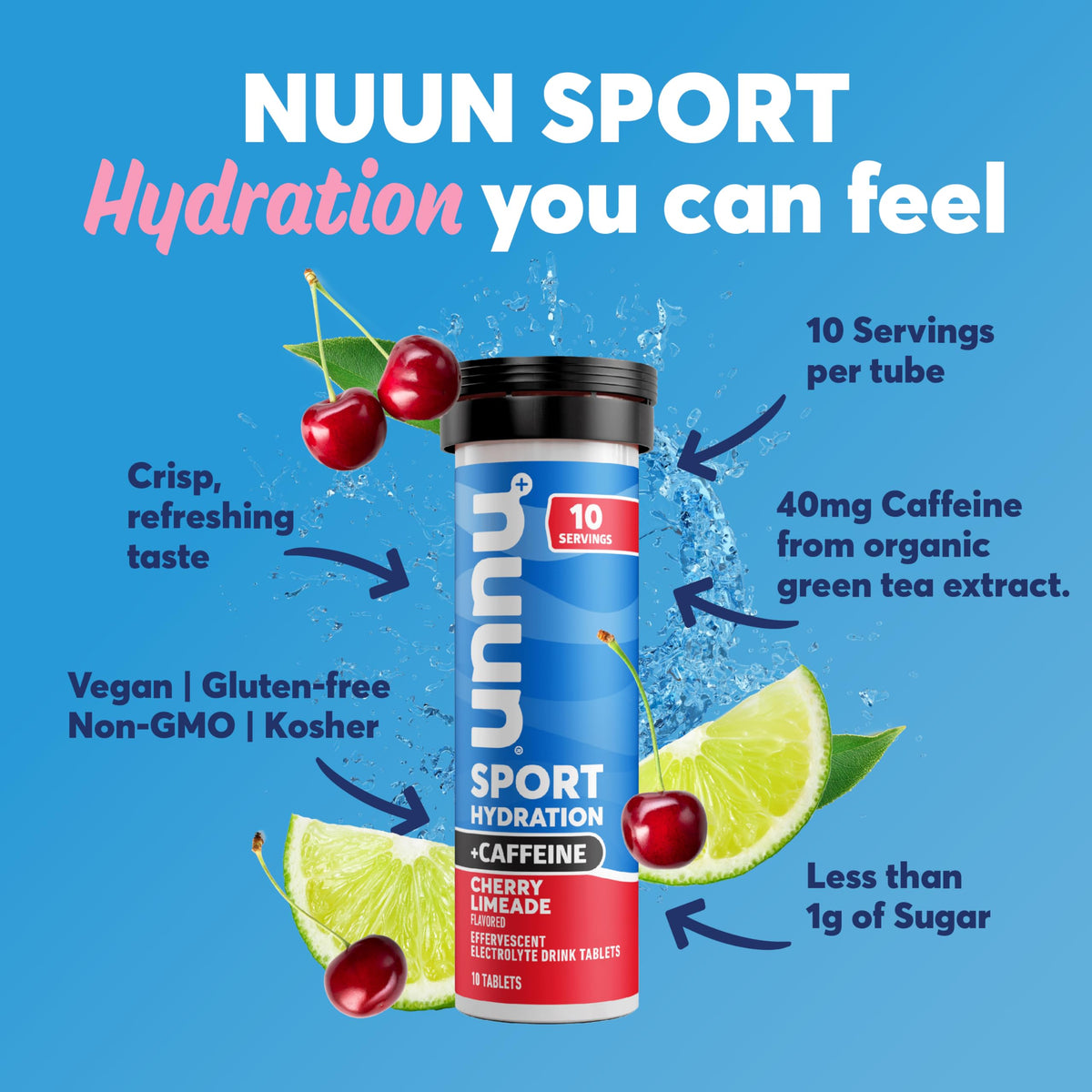 Nuun Sport + Caffeine Electrolyte Tablets - Dissolvable in Water, Mixed Flavor Box, 5 Essential Electrolytes for Hydration, 1g Sugar Drink Mix, Vegan, Non-GMO, 4 Pack (40 Servings)